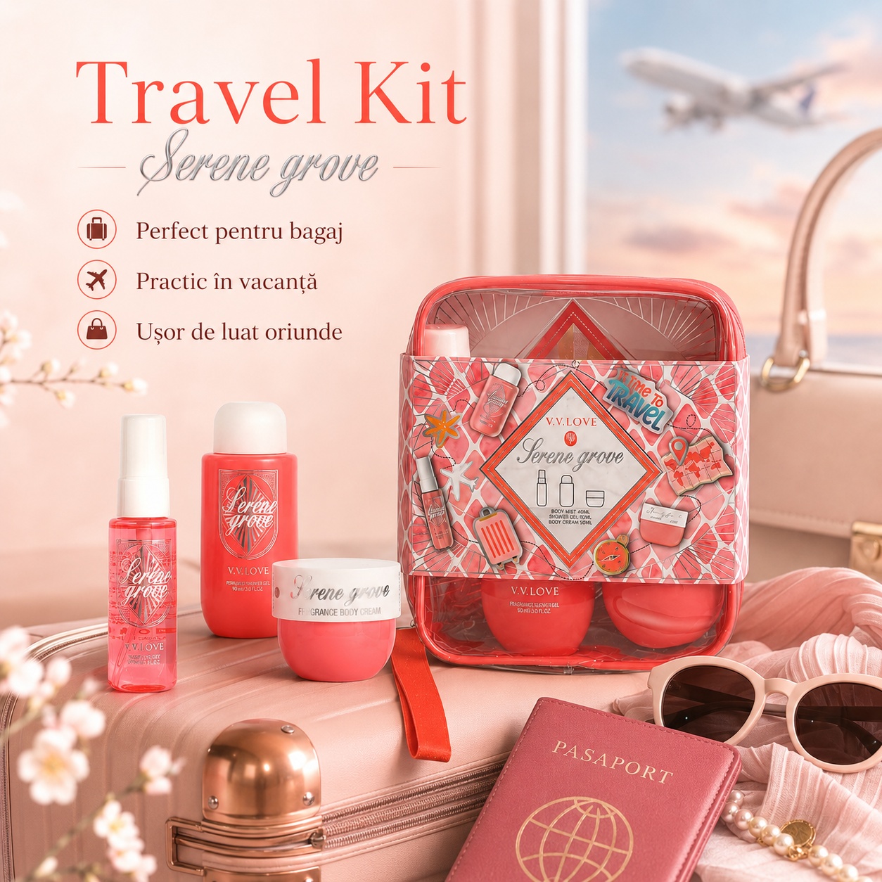 Travel Kit V.V. Love Serene Grove perfect pentru bagaj practic &icirc;n vacanță și ușor de luat oriunde