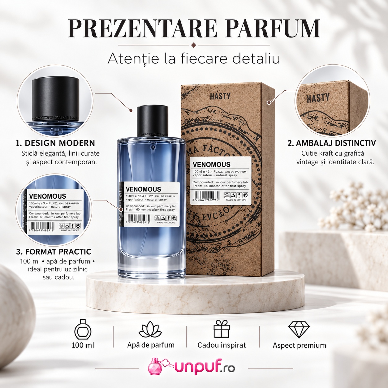 Prezentare Venomous Aro-Fac parfum de damă cu flacon cutie și detalii produs