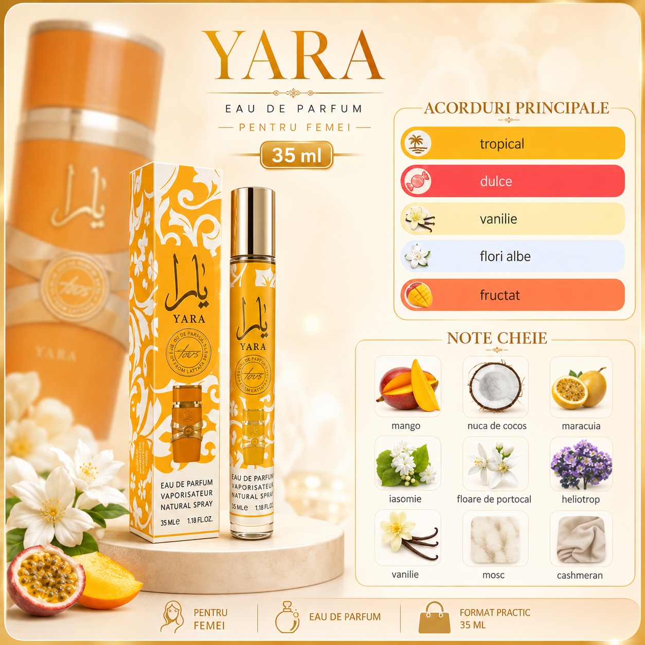Acorduri principale Yara tropical dulce vanilie flori albe fructat pudrat cocos mosc lemnos
