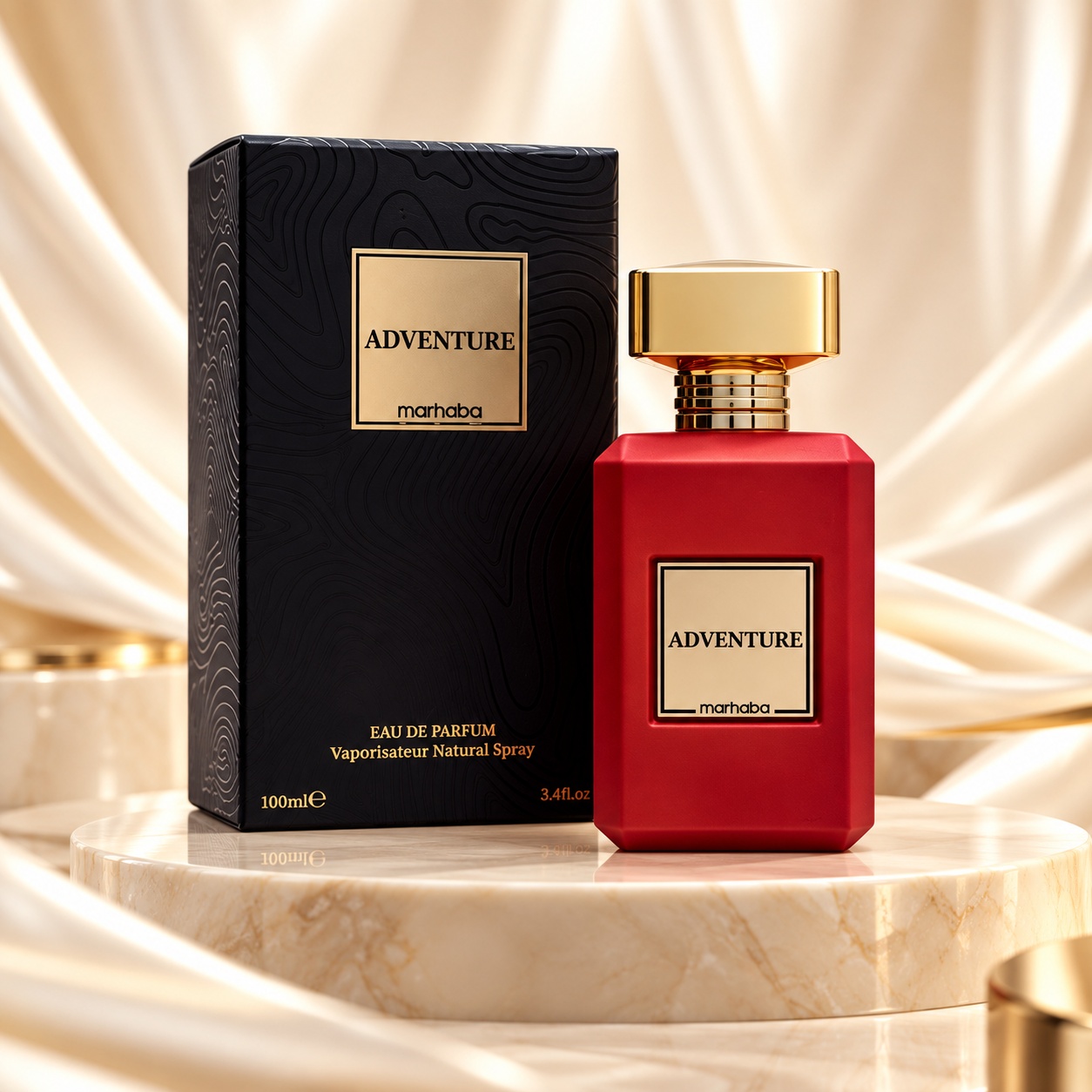 Adventure Marhaba Eau de Parfum 100 ml parfum bărbătesc inspirat de Aventus Creed cu flacon roșu și cutie neagră premium