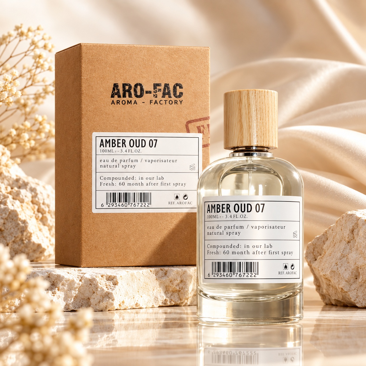 Amber Oud 07 Aro-Fac Eau de Parfum 100 ml parfum bărbătesc oriental lemnos cu flacon transparent și cutie kraft