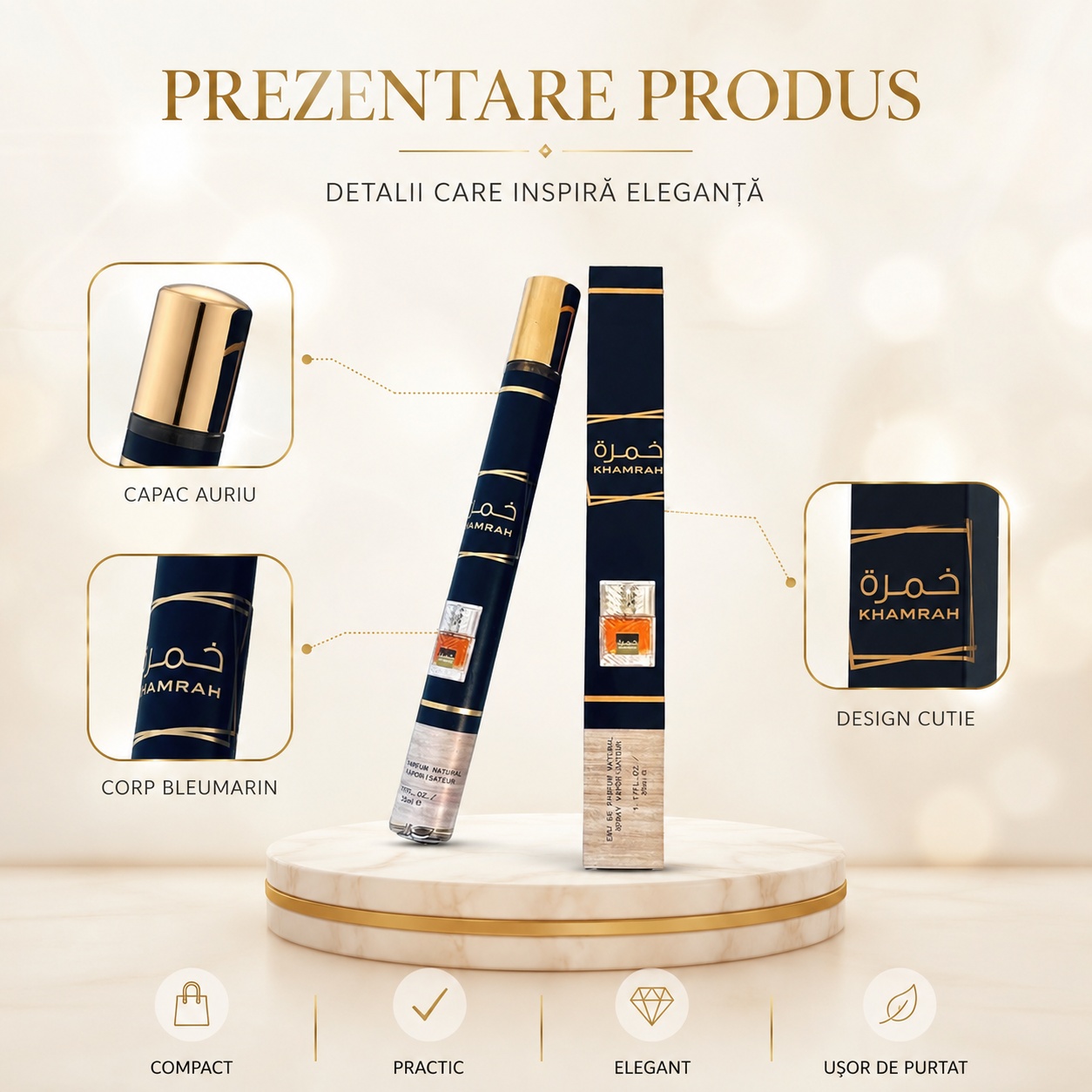 Prezentare produs Khamrah Lattafa 35 ml capac auriu corp bleumarin cutie elegantă