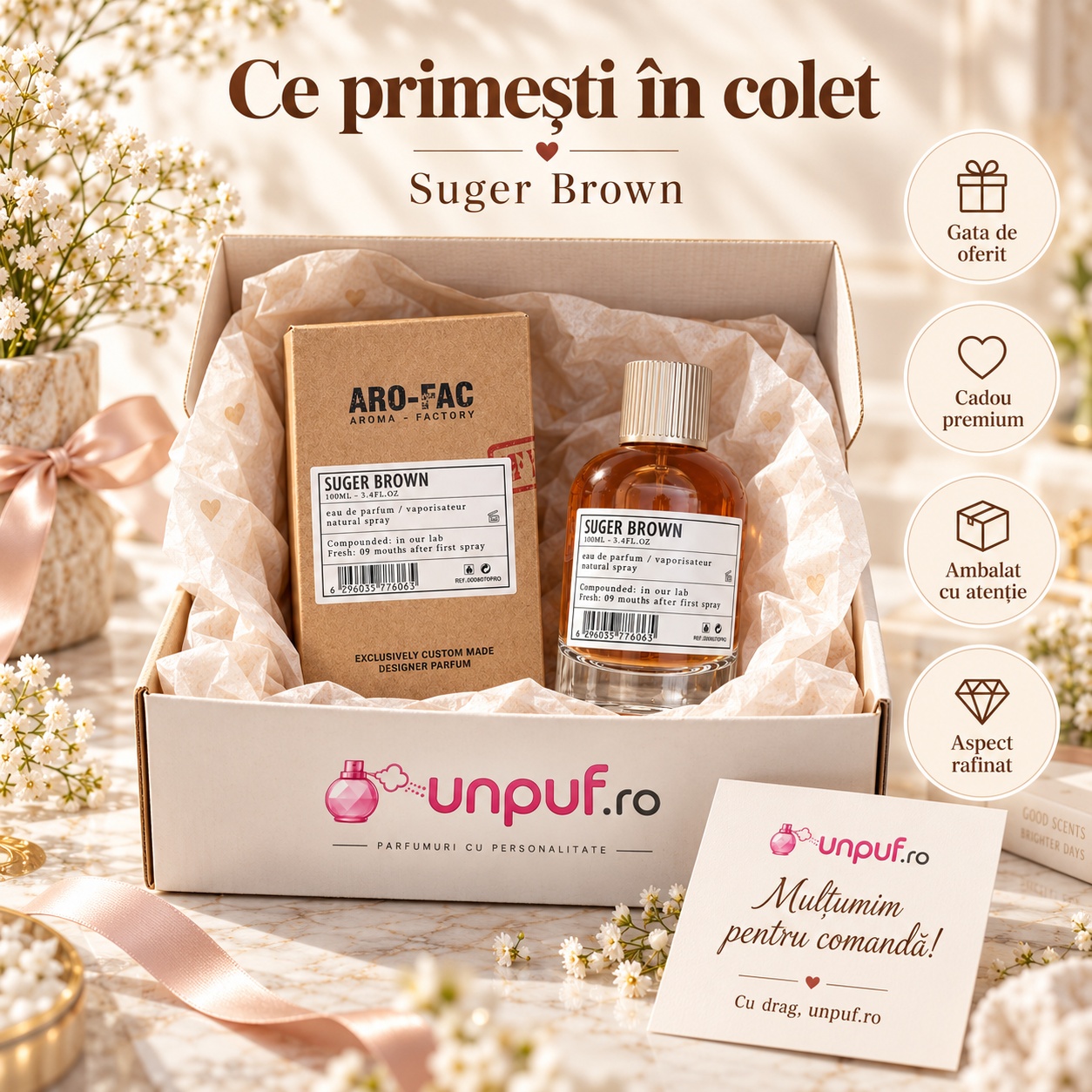 Ce primești în colet Aro-Fac Brown Suger Eau de Parfum 100 ml ambalat premium pentru cadou