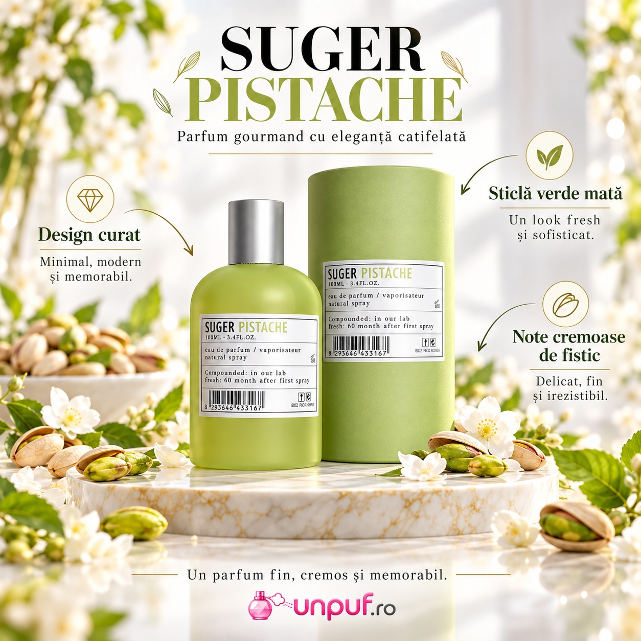 Prezentare Aro-Fac Pistache Suger parfum unisex cu design verde mat și note gurmande cremoase
