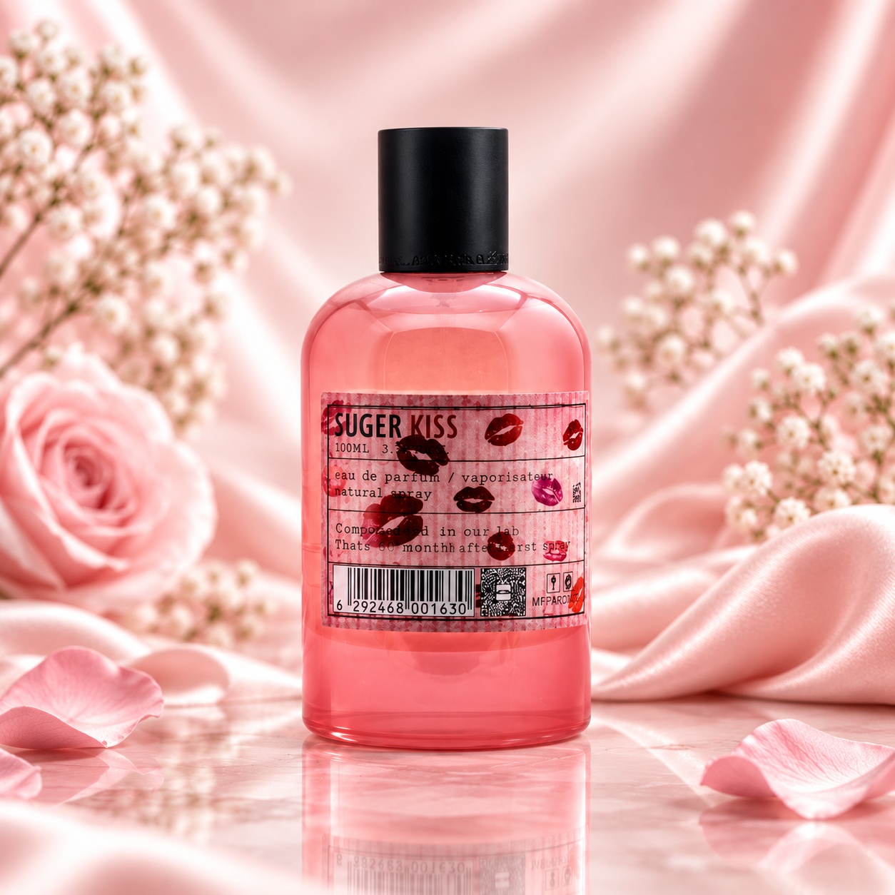 Flacon Aro-Fac Suger Kiss parfum de damă 100 ml roz transparent cu capac negru și etichetă cu săruturi
