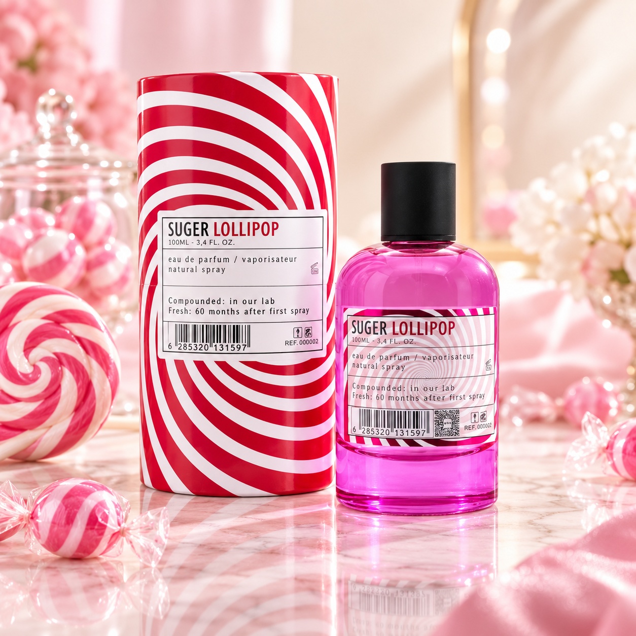 Aro-Fac Suger Lollipop Eau de Parfum 100 ml parfum de damă inspirat de Kayali Eden Juicy Apple cu flacon roz și cutie alb roșu