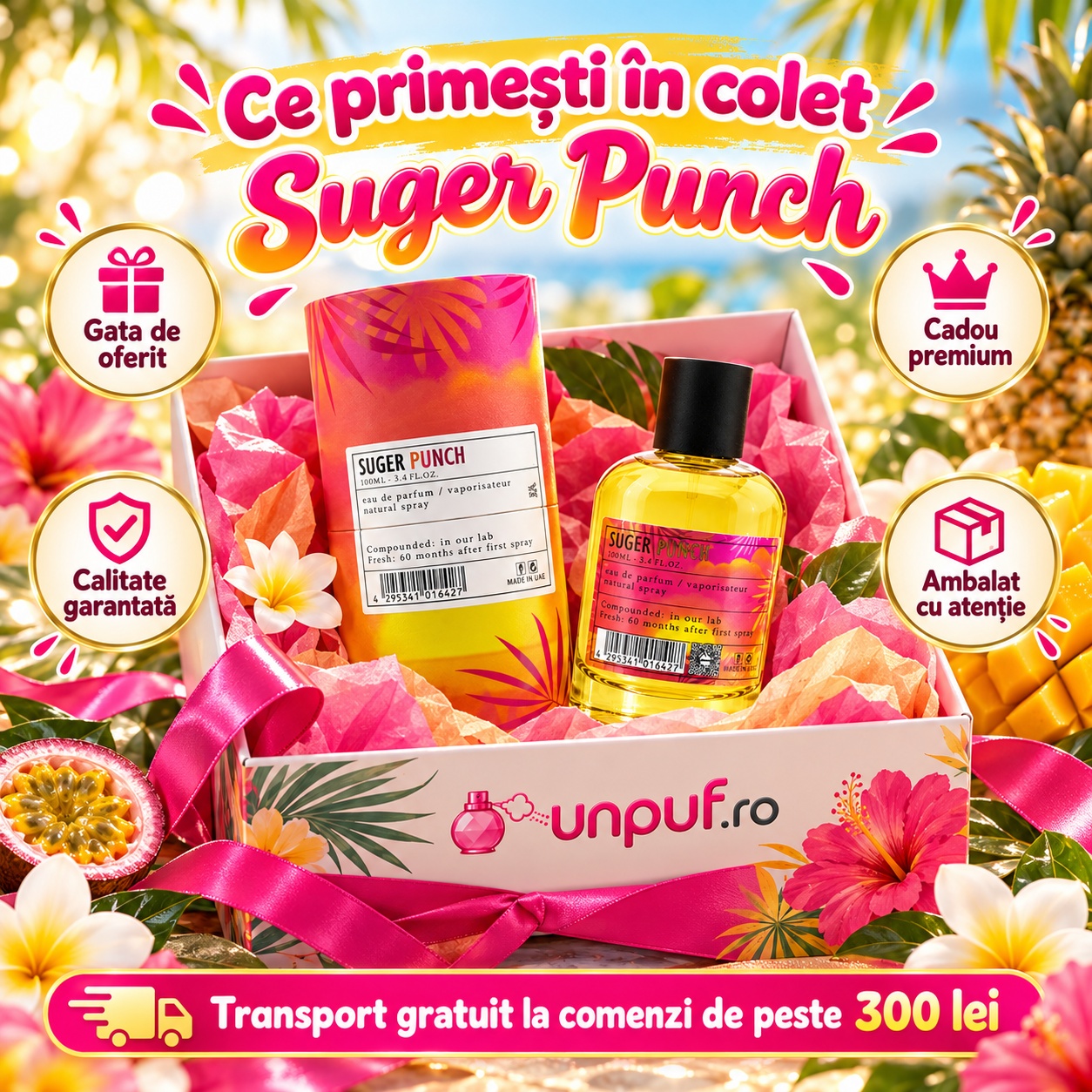 Ce primești în colet Aro-Fac Suger Punch Eau de Parfum 100 ml ambalat premium pentru cadou