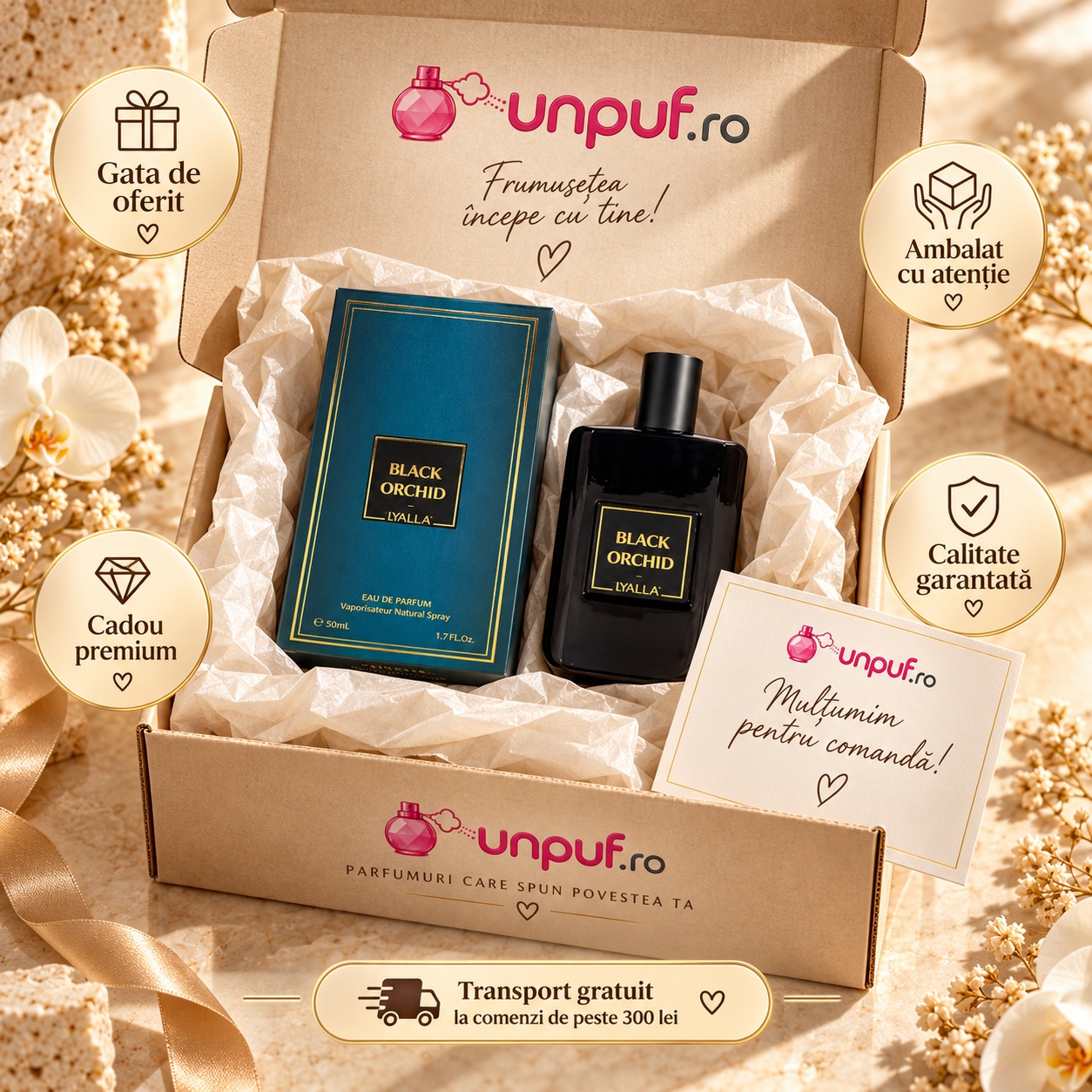 Ce primești în colet Black Orchid Yalla Eau de Parfum 50 ml ambalat premium pentru cadou