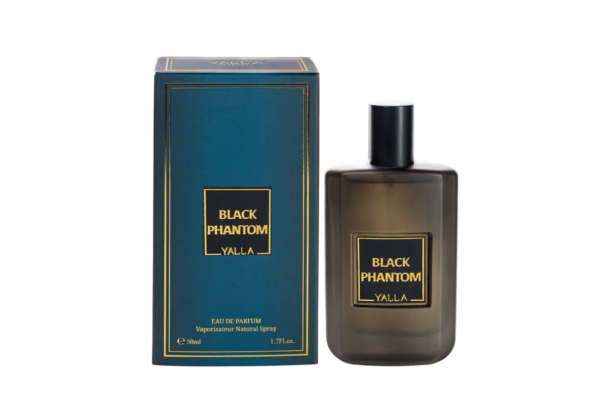 Black Phantom Yalla Eau de Parfum 50 ml cu flacon și cutie verde pe fundal alb
