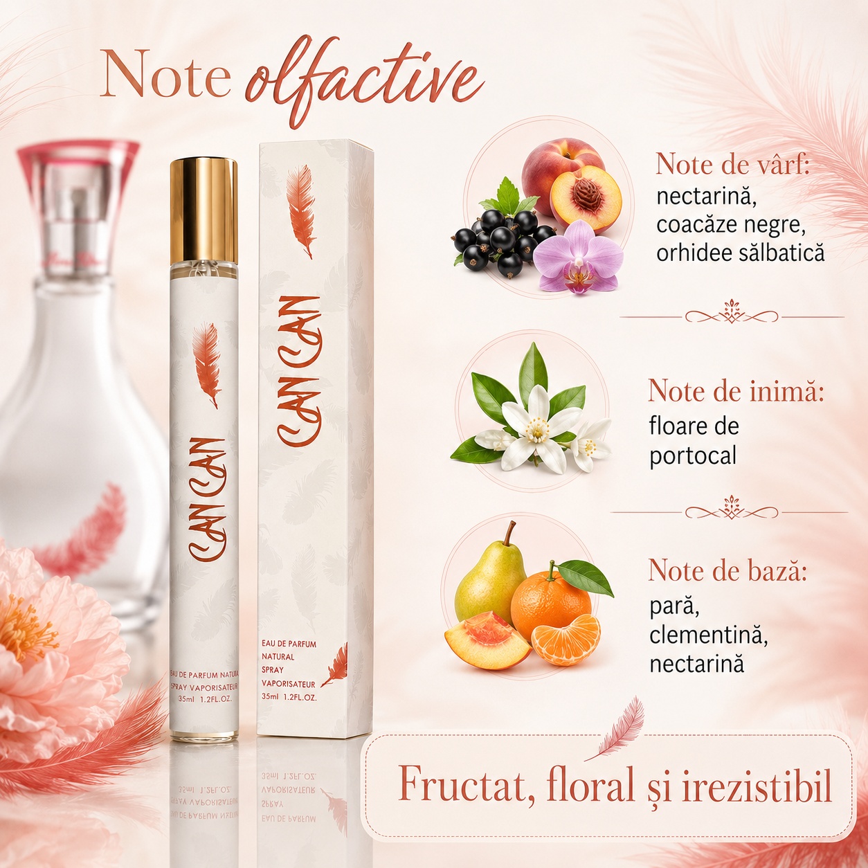 Note olfactive Can Can nectarină coacăze negre orhidee floare de portocal pară clementină