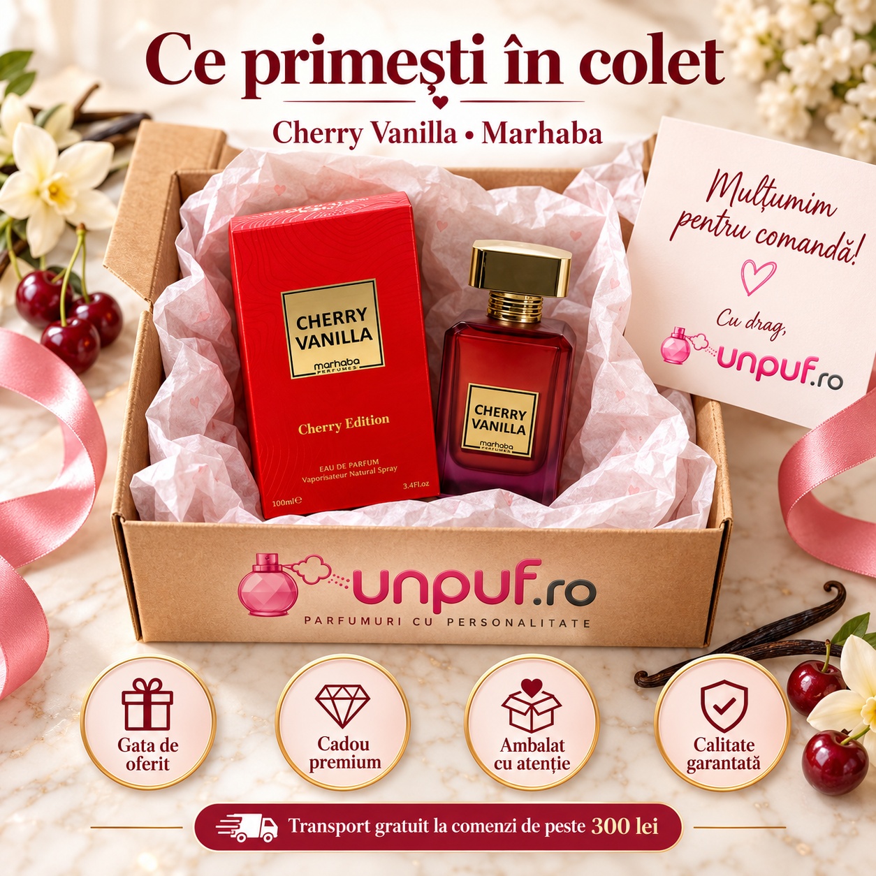 Ce primești în colet Cherry Vanilla Marhaba Eau de Parfum 100 ml parfum ambalat premium pentru cadou