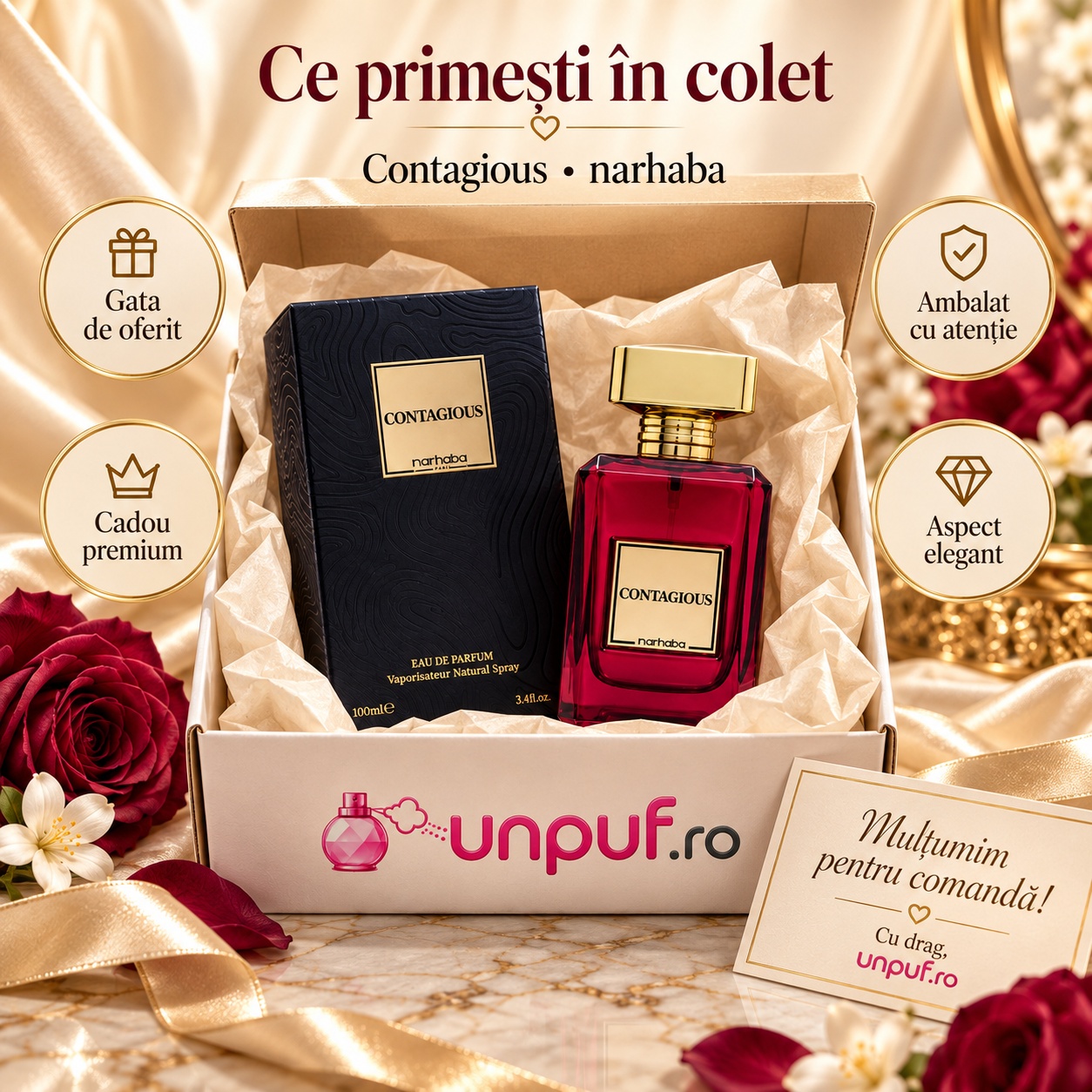 Ce primești în colet Contagious Marhaba Eau de Parfum 100 ml parfum unisex ambalat premium pentru cadou