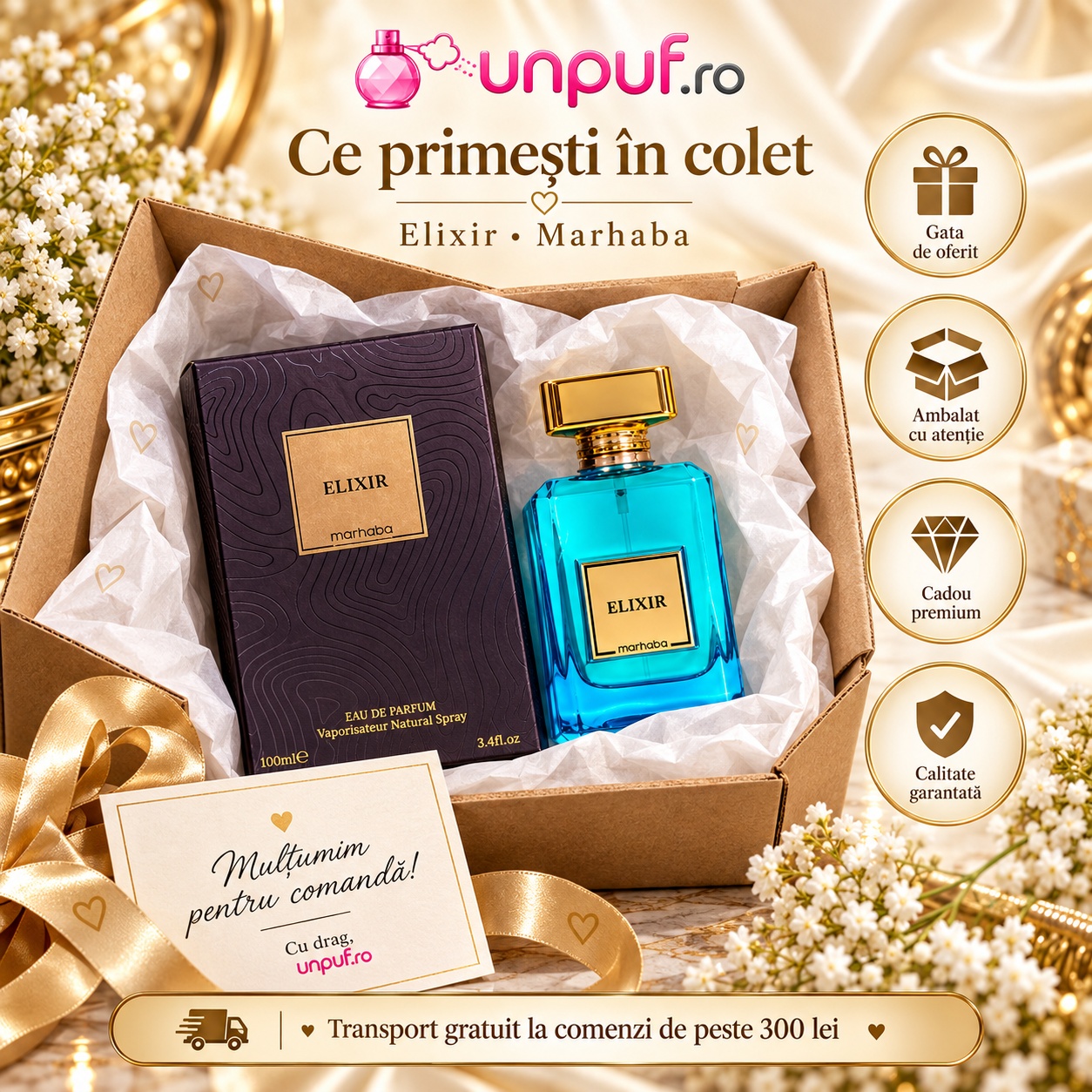 Ce primești în colet Elixir Marhaba Eau de Parfum 100 ml ambalat premium pentru cadou