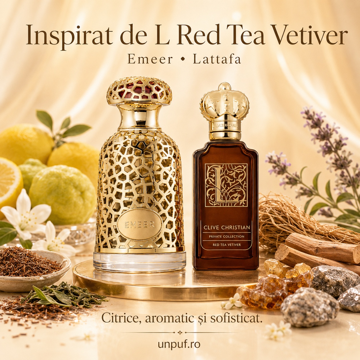 Lattafa Emeer parfum inspirat din L Red Tea Vetiver cu aromă citrică aromatică și sofisticată