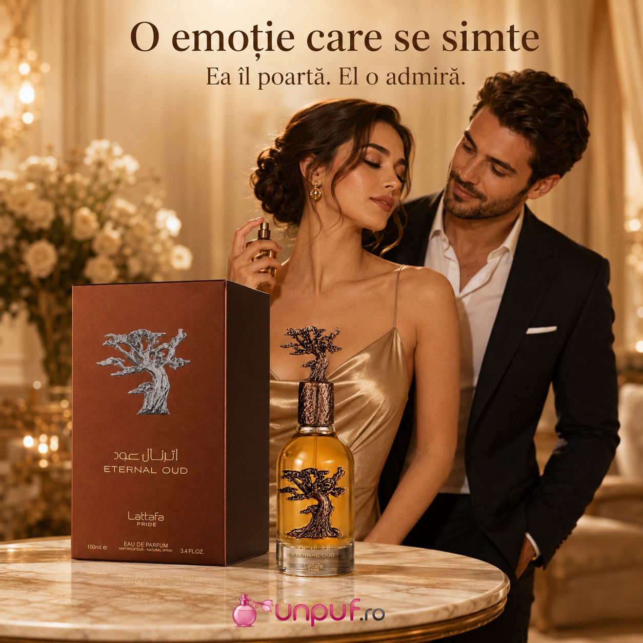 Lattafa Eternal Oud parfum unisex romantic ea &icirc;l poartă el o admiră aromă orientală caldă și elegantă