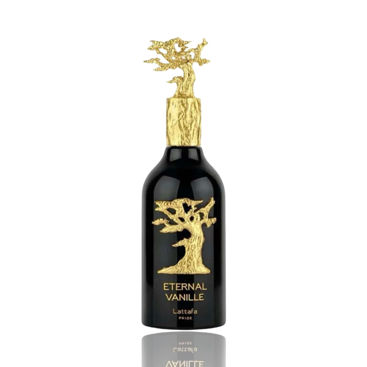 Flacon Lattafa Eternal Vanille 100 ml parfum arăbesc unisex negru cu detalii aurii și capac sculptural