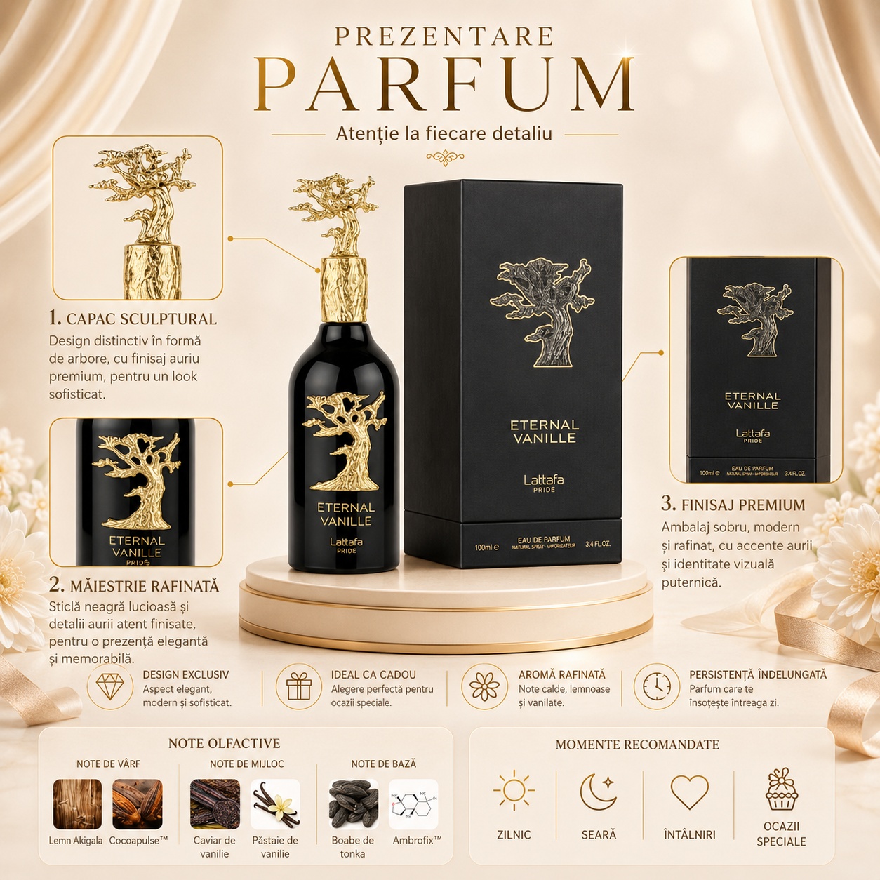 Prezentare parfum Lattafa Eternal Vanille cu capac sculptural, finisaj premium, note olfactive vanilate și persistență îndelungată