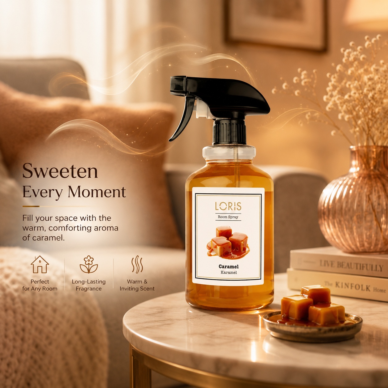 Loris Caramel Room Spray pentru cameră aromă dulce persistentă și primitoare