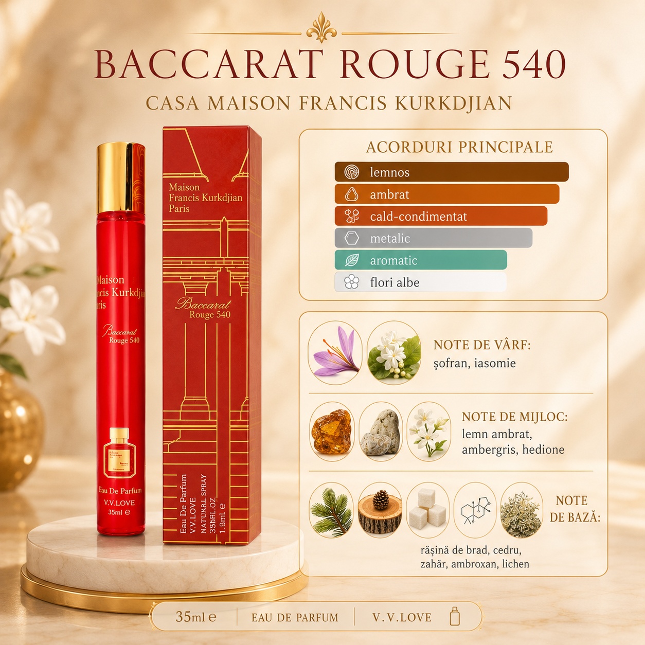 Note olfactive parfum Baccarat Rouge 540 șofran iasomie lemn ambrat ambergris hedione rășină de brad cedru zahăr ambroxan lichen