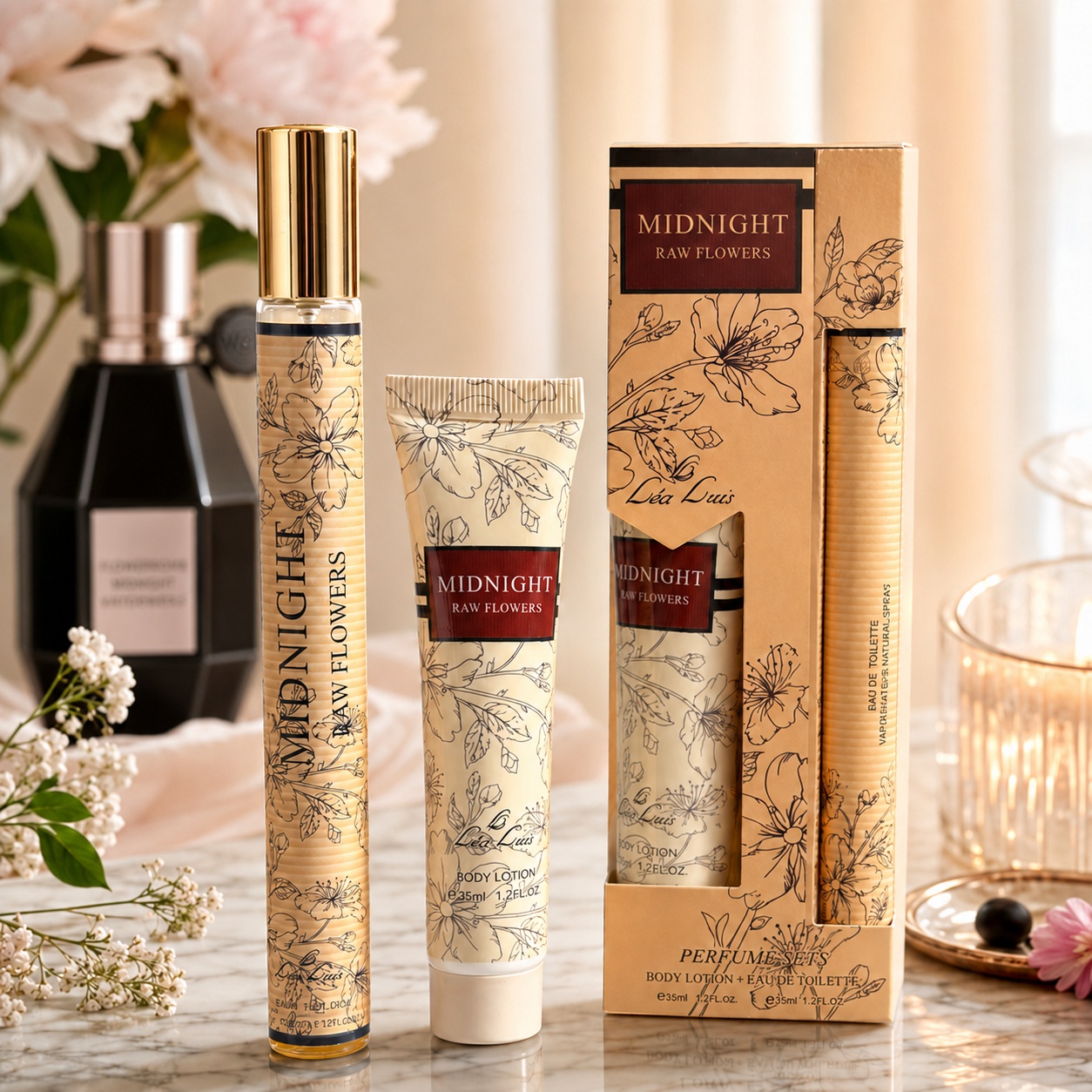 Set Midnight Raw Flowers 2x35 ml, apă de toaletă 35 ml și cremă de m&acirc;ini body lotion 35 ml
