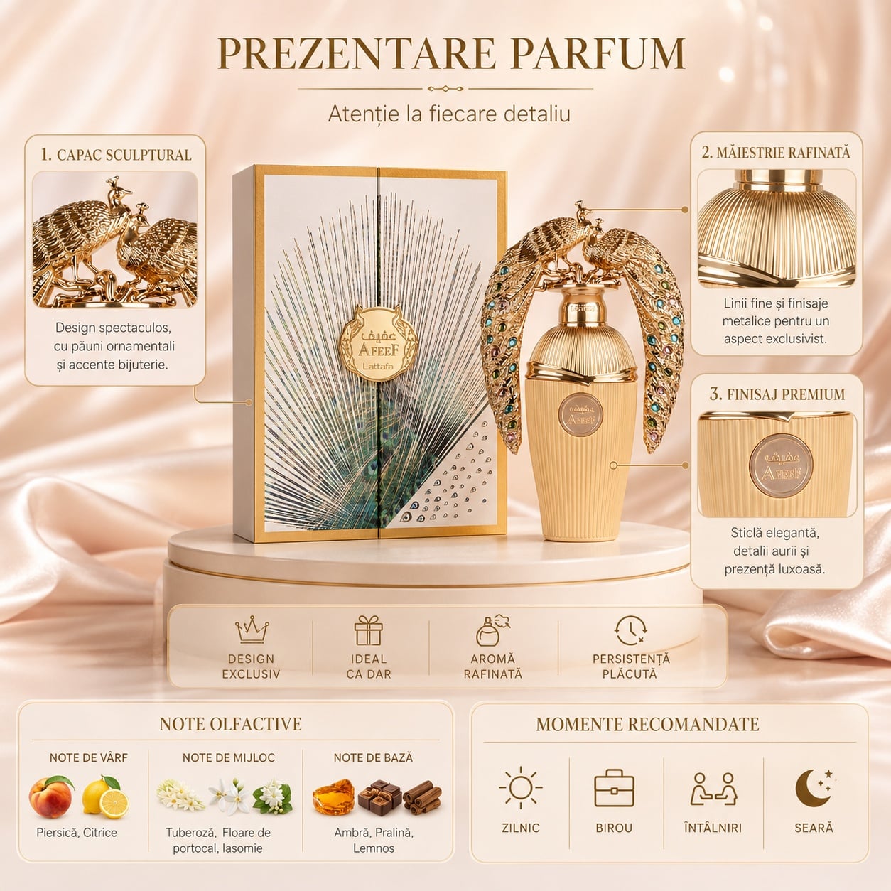 Prezentare parfum Lattafa Afeef cu capac sculptural, măiestrie rafinată, finisaj premium, note de piersică, citrice, tuberoză, floare de portocal, iasomie, ambră și pralină