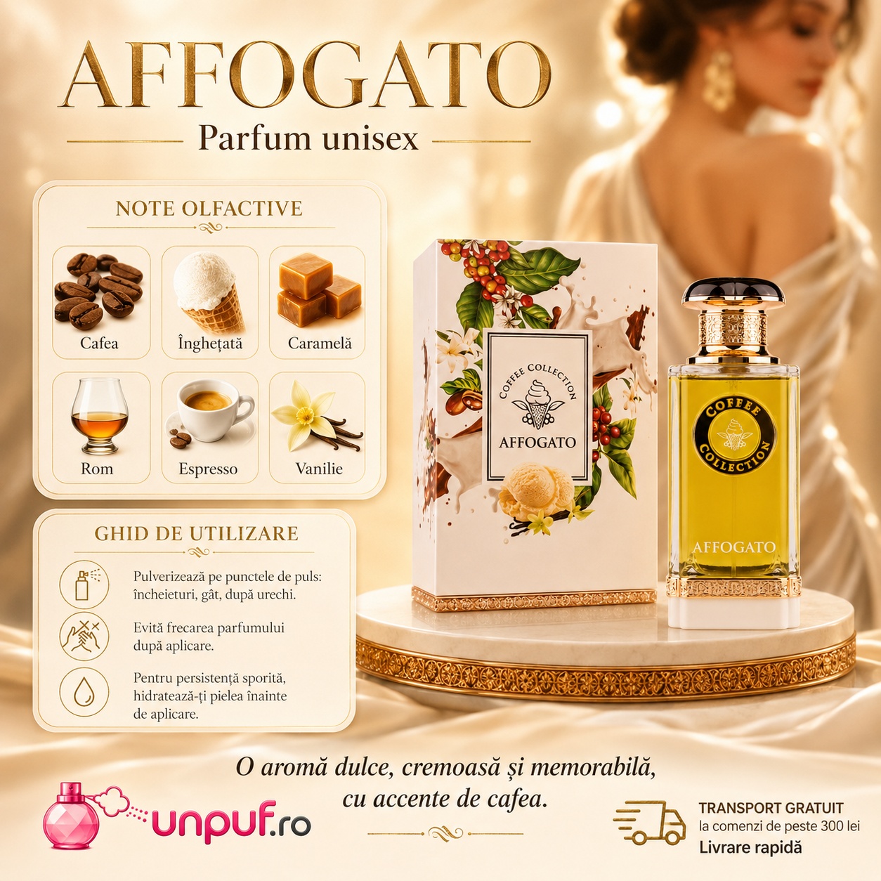 Affogato parfum unisex cu note de cafea, &icirc;nghețată, caramel, rom, espresso și vanilie, ghid de utilizare