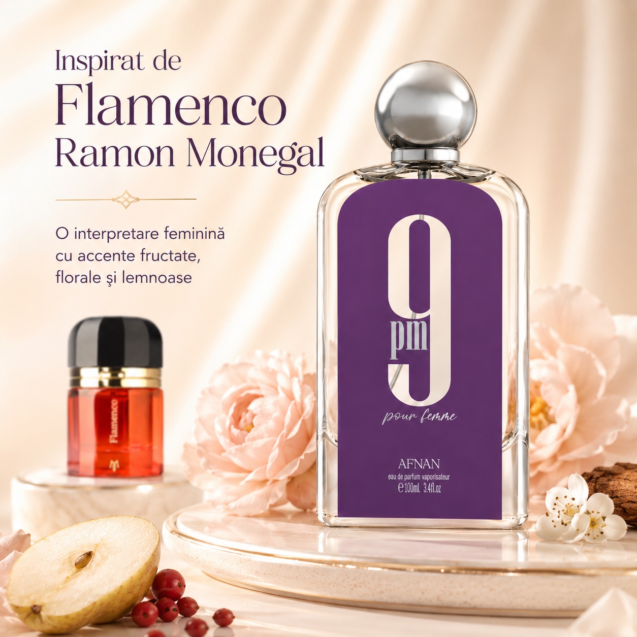 Afnan 9 PM Pour Femme parfum feminin cu accente fructate florale lemnoase și ambrate