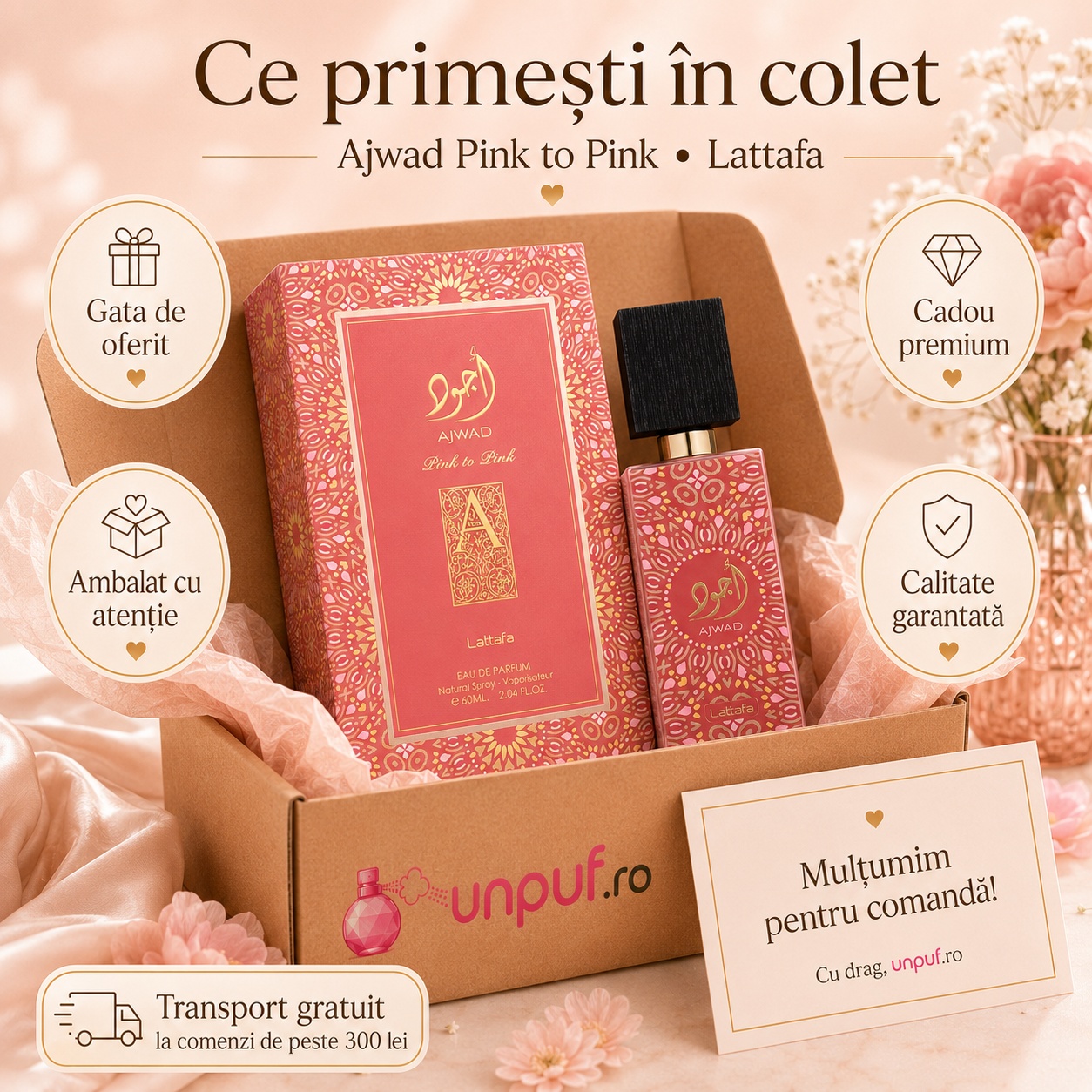Ce primești &icirc;n colet Ajwad Pink To Pink Lattafa 60 ml parfum arăbesc unisex ambalat cu atenție, cadou premium și calitate garantată