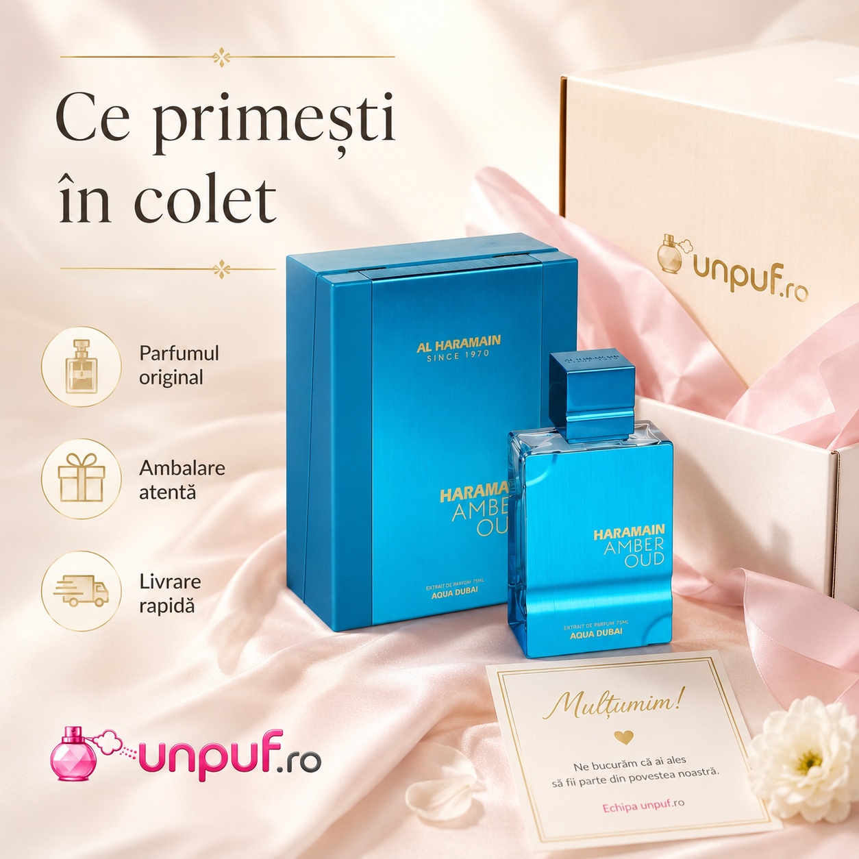 Ce primești în colet la parfumul Al Haramain Amber Oud Aqua Dubai 75 ml, parfum original, ambalare atentă și livrare rapidă