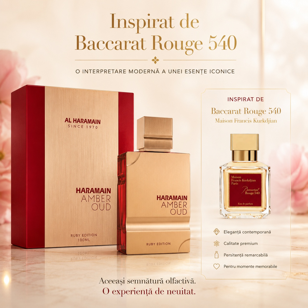 Al Haramain Amber Oud Ruby Edition inspirat de Baccarat Rouge 540 Maison Francis Kurkdjian, parfum elegant și persistent