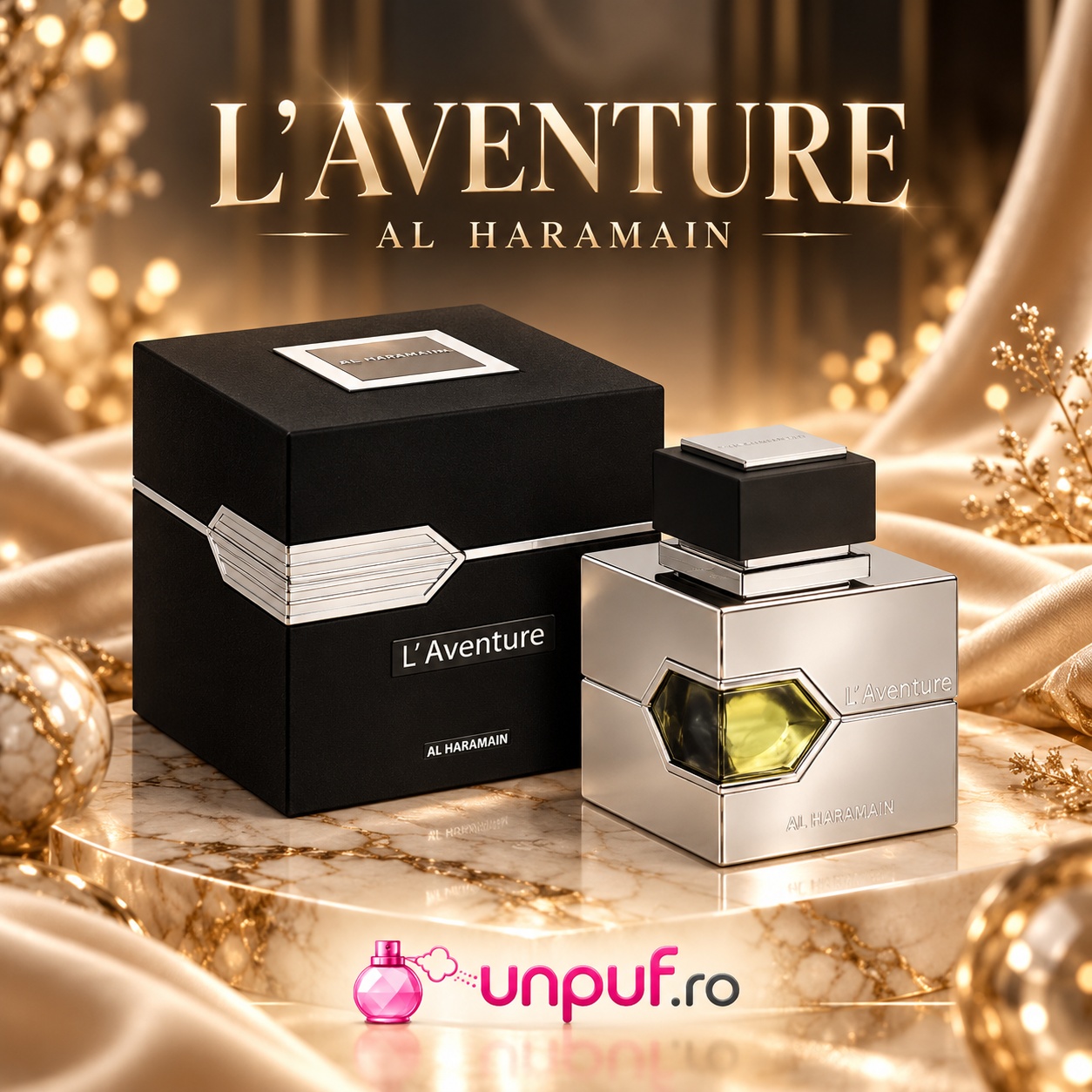 Al Haramain L’Aventure 100 ml prezentare premium cu parfum și cutie neagră pe fundal auriu