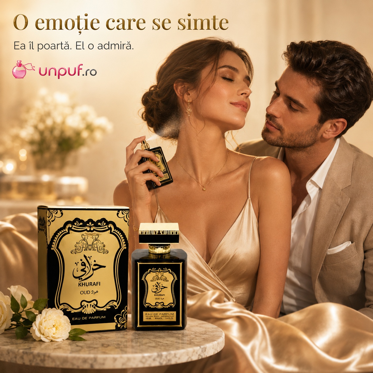 Al Raheeb Khurafi Oud parfum romantic unisex cu aromă orientală, ea îl poartă, el o admiră