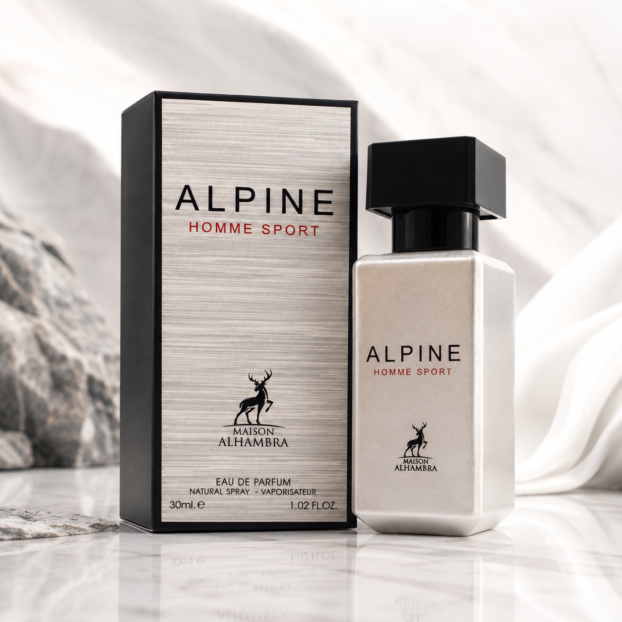 Parfum Arăbesc Alhambra Alpine Homme Sport 30 ml cu sticlă argintie și cutie premium Maison Alhambra