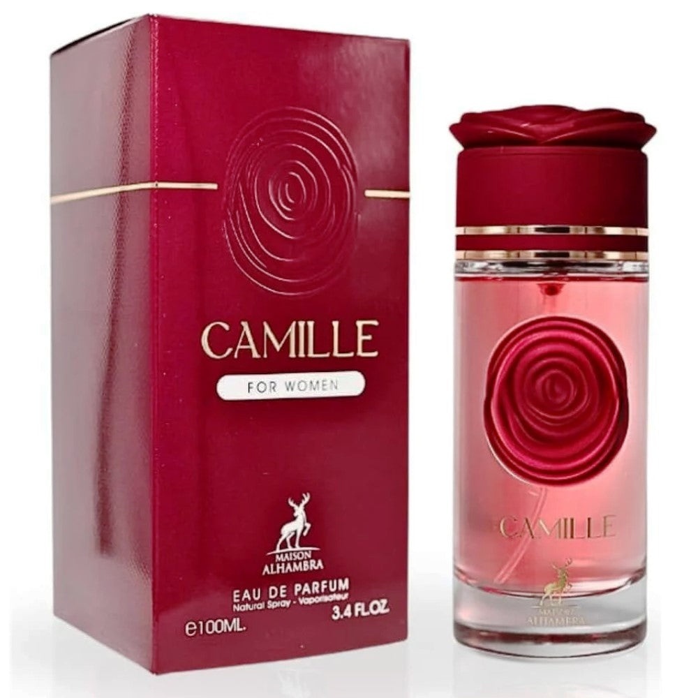 Produs real Alhambra Camille 100 ml cu sticlă roz și cutie roșie