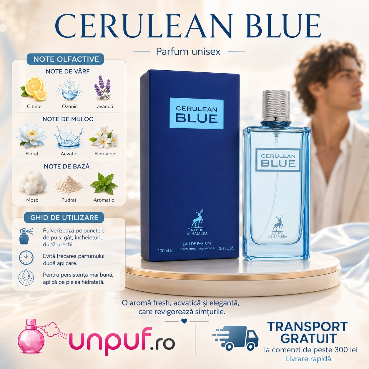 Prezentare parfum Alhambra Cerulean Blue Maison Alhambra 100 ml cu note olfactive și ghid de utilizare