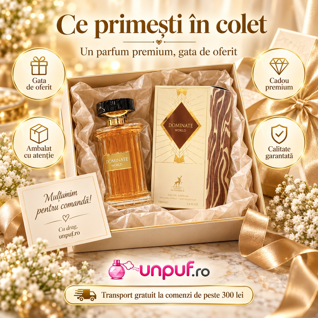 Ce primești în colet Parfum Alhambra Dominate Absolu 100 ml unisex ambalat premium