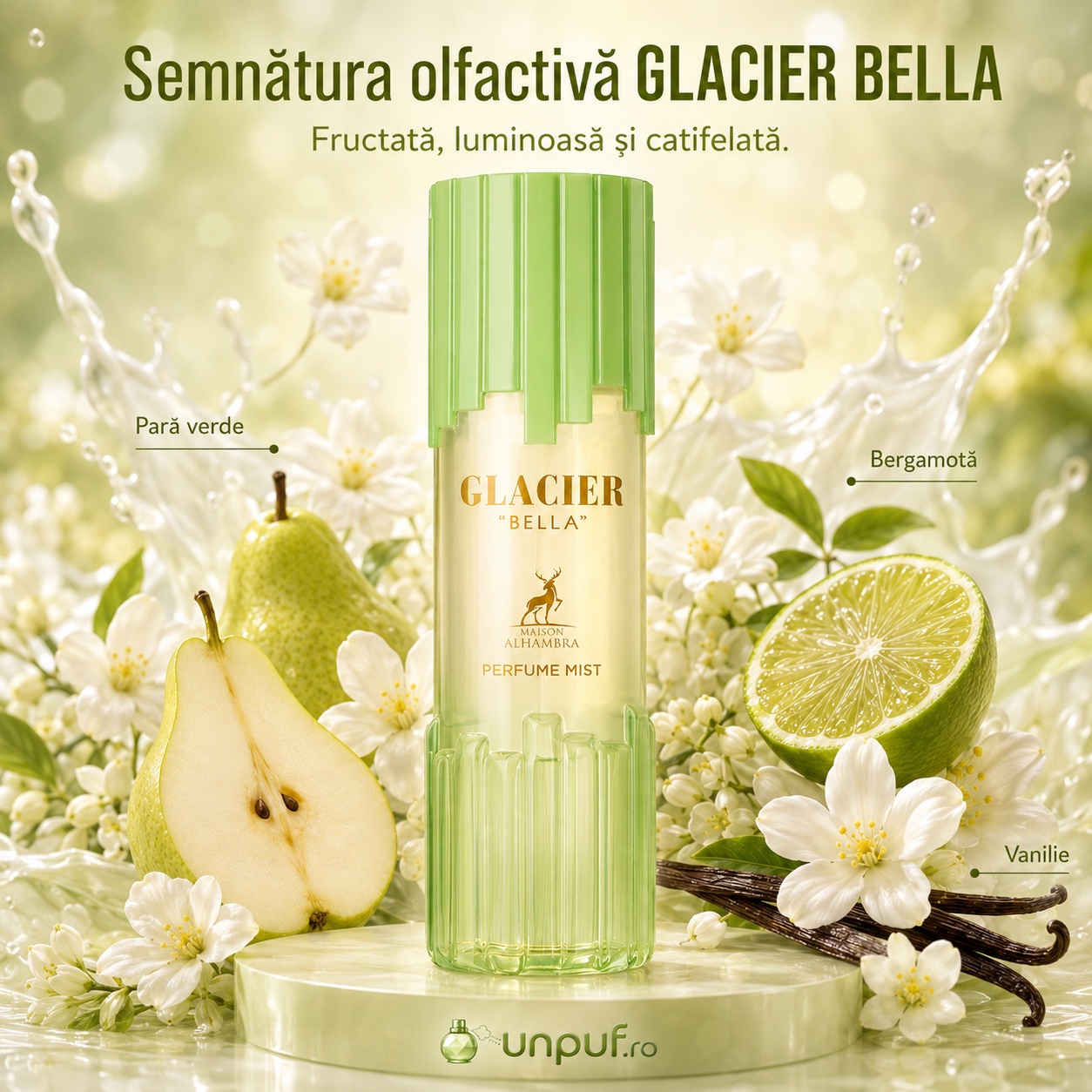 Alhambra Glacier Bella Body Mist semnătură olfactivă fructată, luminoasă și catifelată cu pară verde, bergamotă și vanilie