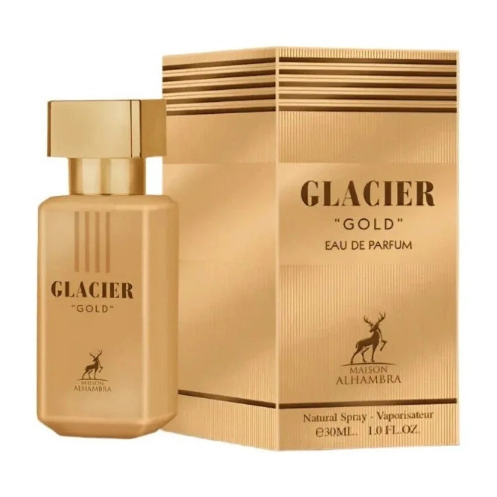 Parfum Alhambra Glacier Gold Maison Alhambra 30 ml sticlă și cutie pe fundal alb