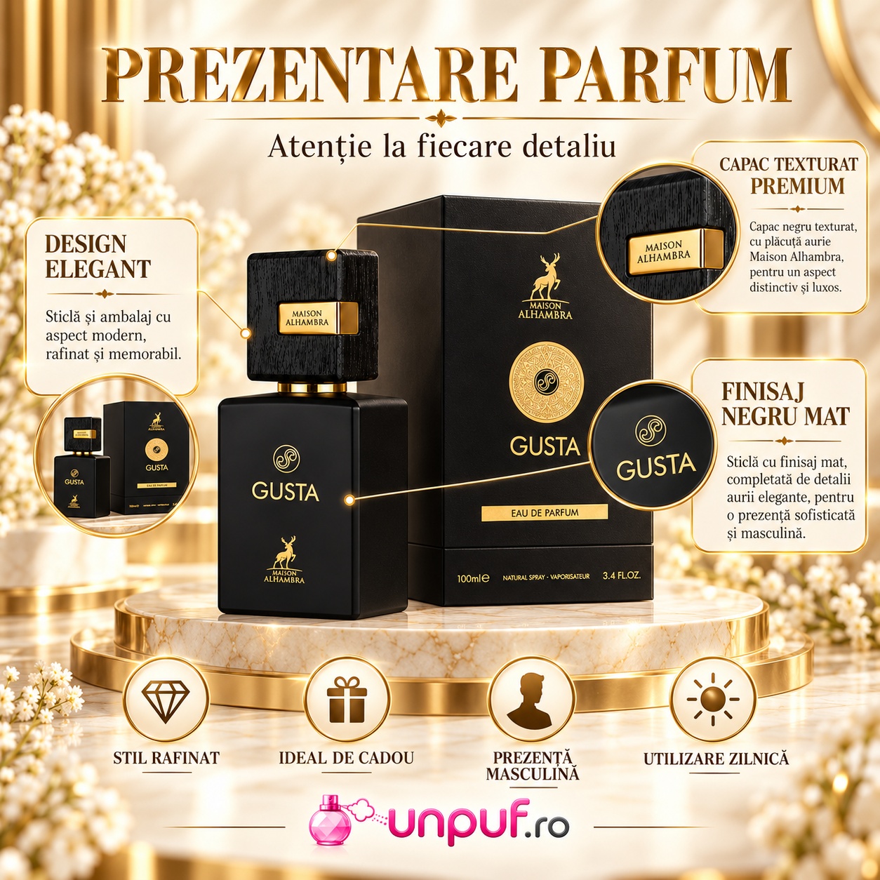 Prezentare parfum Alhambra Gusta cu flacon negru capac texturat cutie elegantă și detalii premium