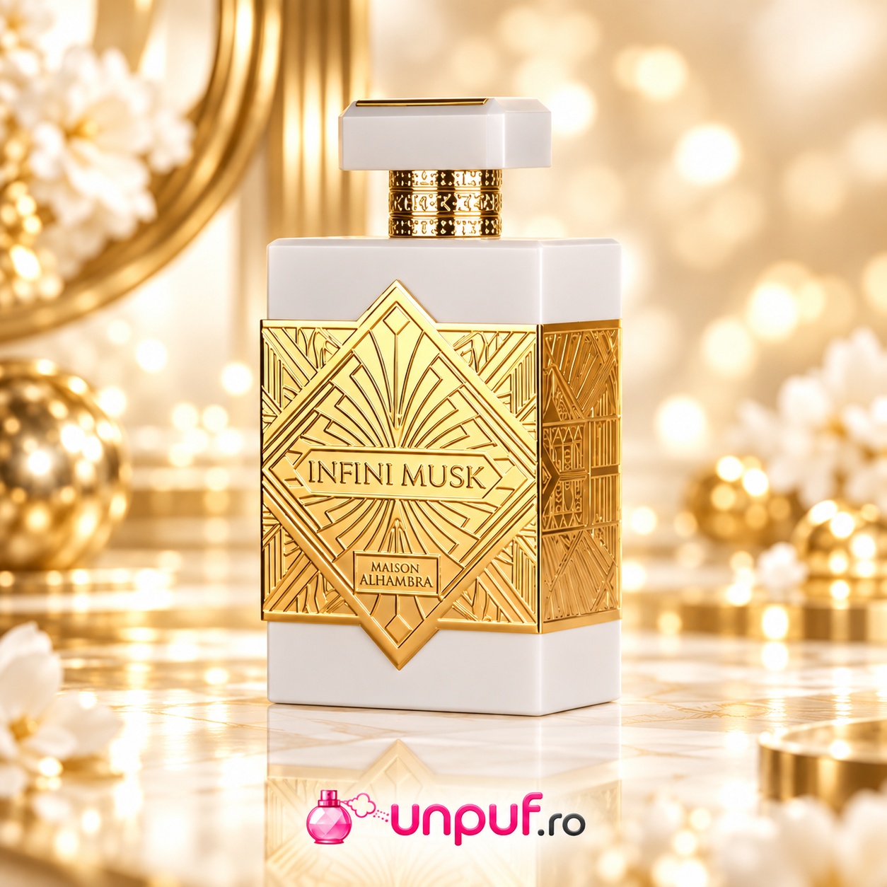 Flacon Alhambra Infini Musk 100 ml alb cu placă aurie decorativă și capac elegant