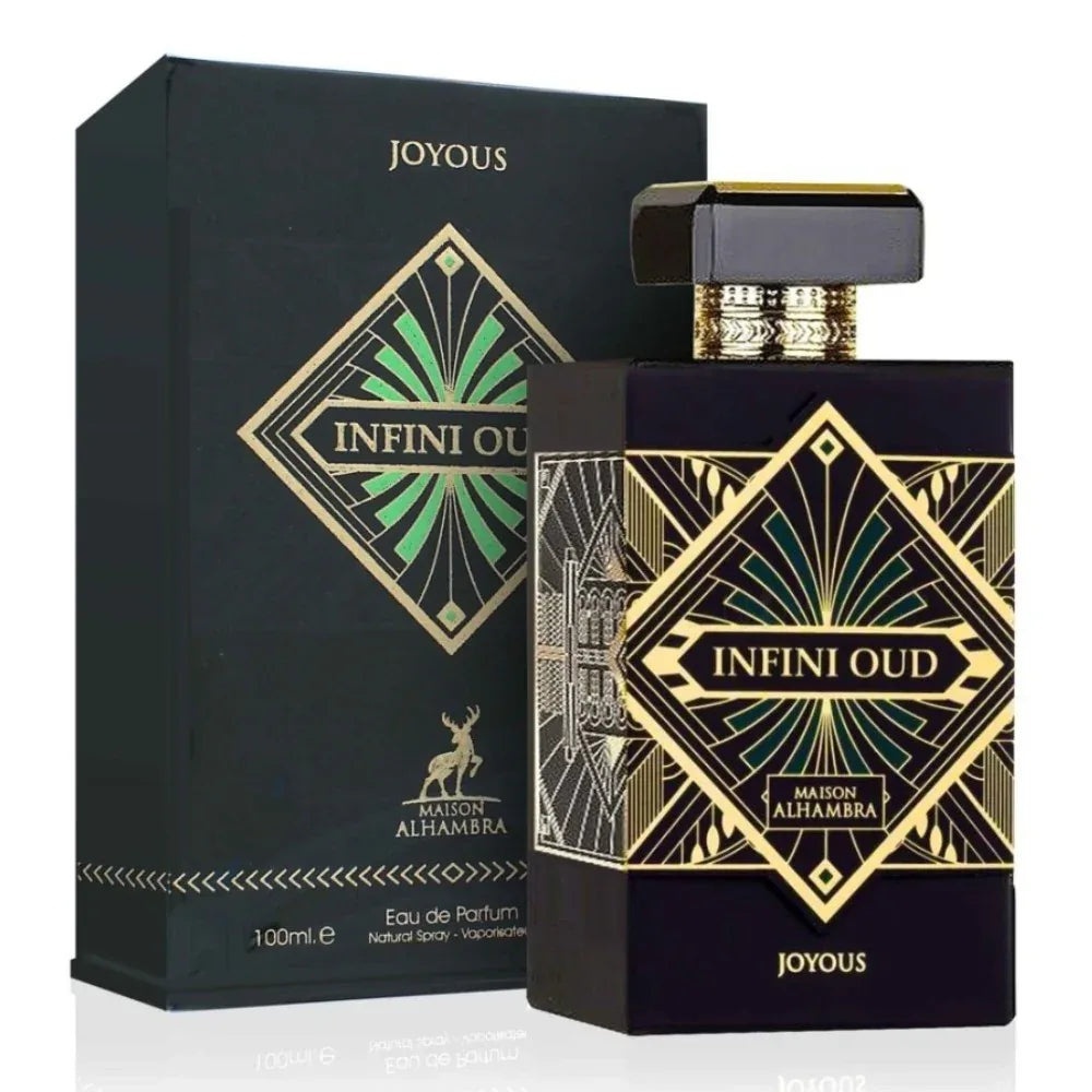 Produs real Alhambra Infini Oud Joyous 100 ml cu sticlă neagră și cutie Maison Alhambra