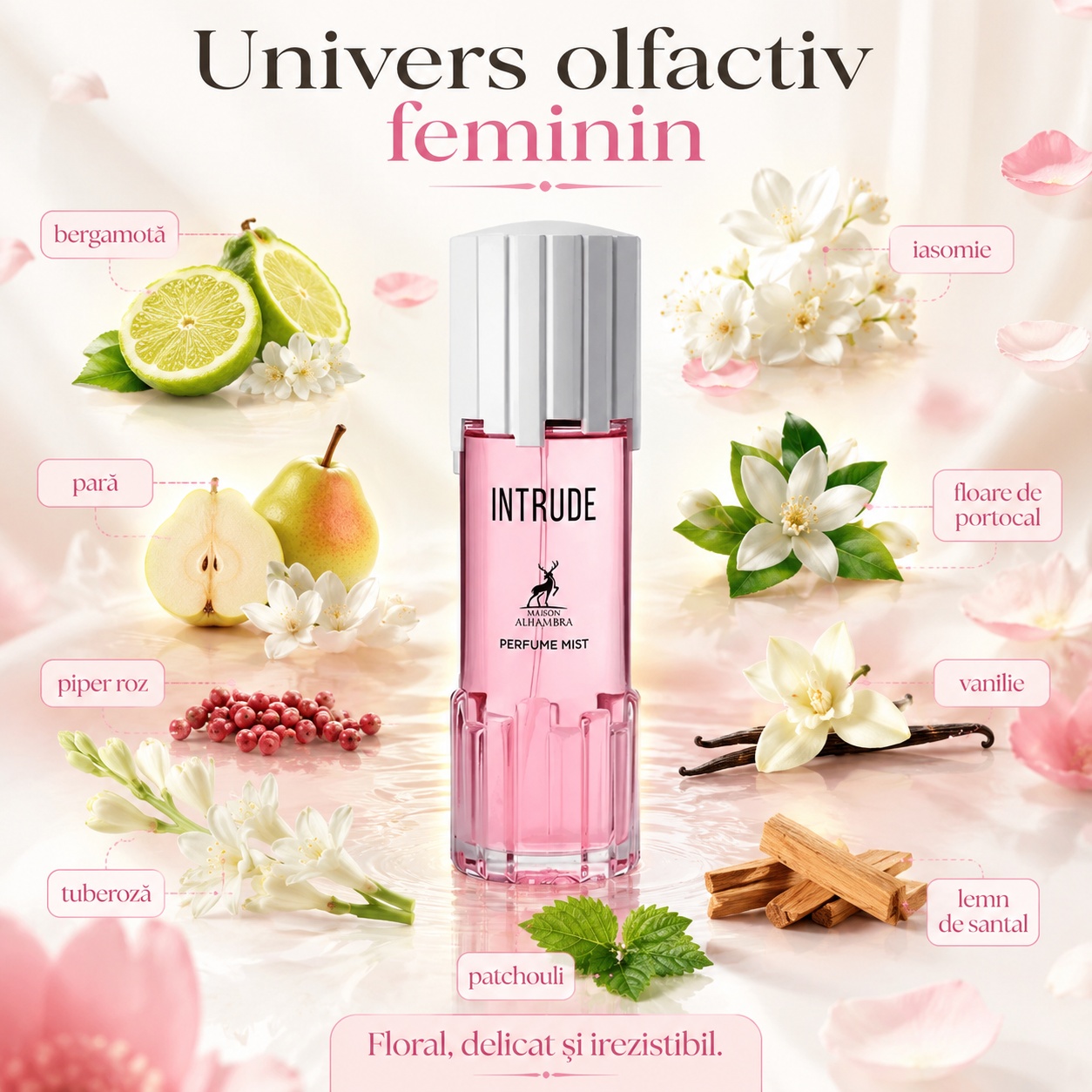 Univers olfactiv feminin Intrude Maison Alhambra cu bergamotă, pară, iasomie, floare de portocal, tuberoză, vanilie, patchouli și lemn de santal