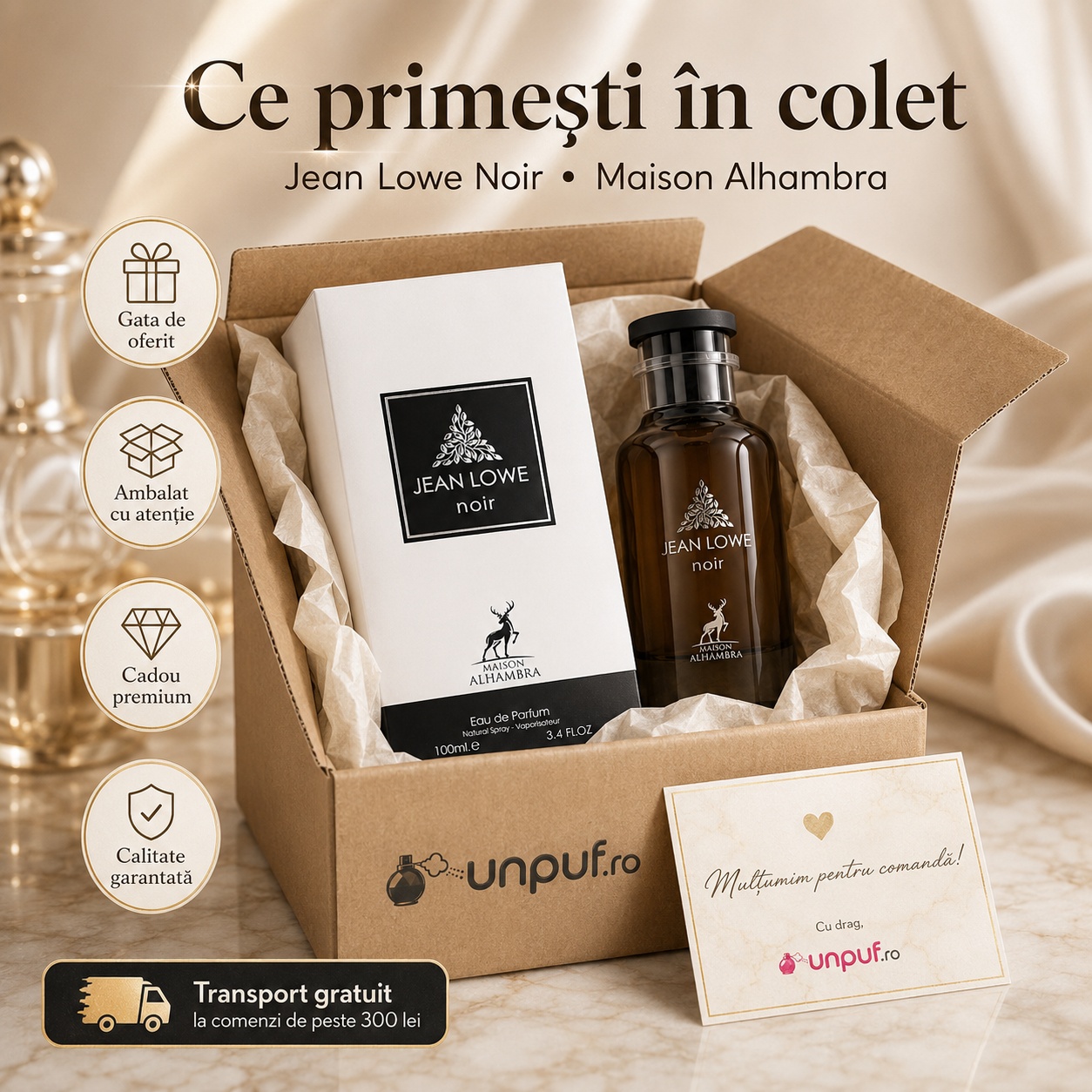Ce primești &icirc;n colet Parfum Alhambra Jean Lowe Noir Maison Alhambra 100 ml ambalat cu atenție
