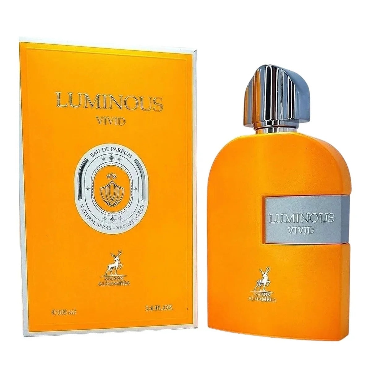 Parfum Alhambra Luminous Vivid Maison Alhambra 100 ml sticlă și cutie pe fundal alb