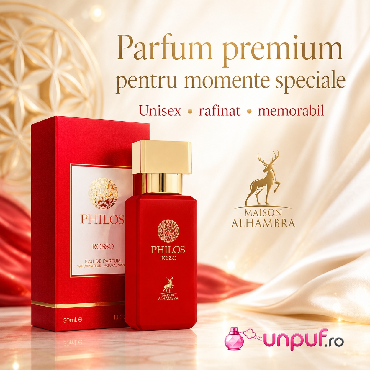 Parfum premium Alhambra Philos Rosso pentru momente speciale, unisex, rafinat și memorabil