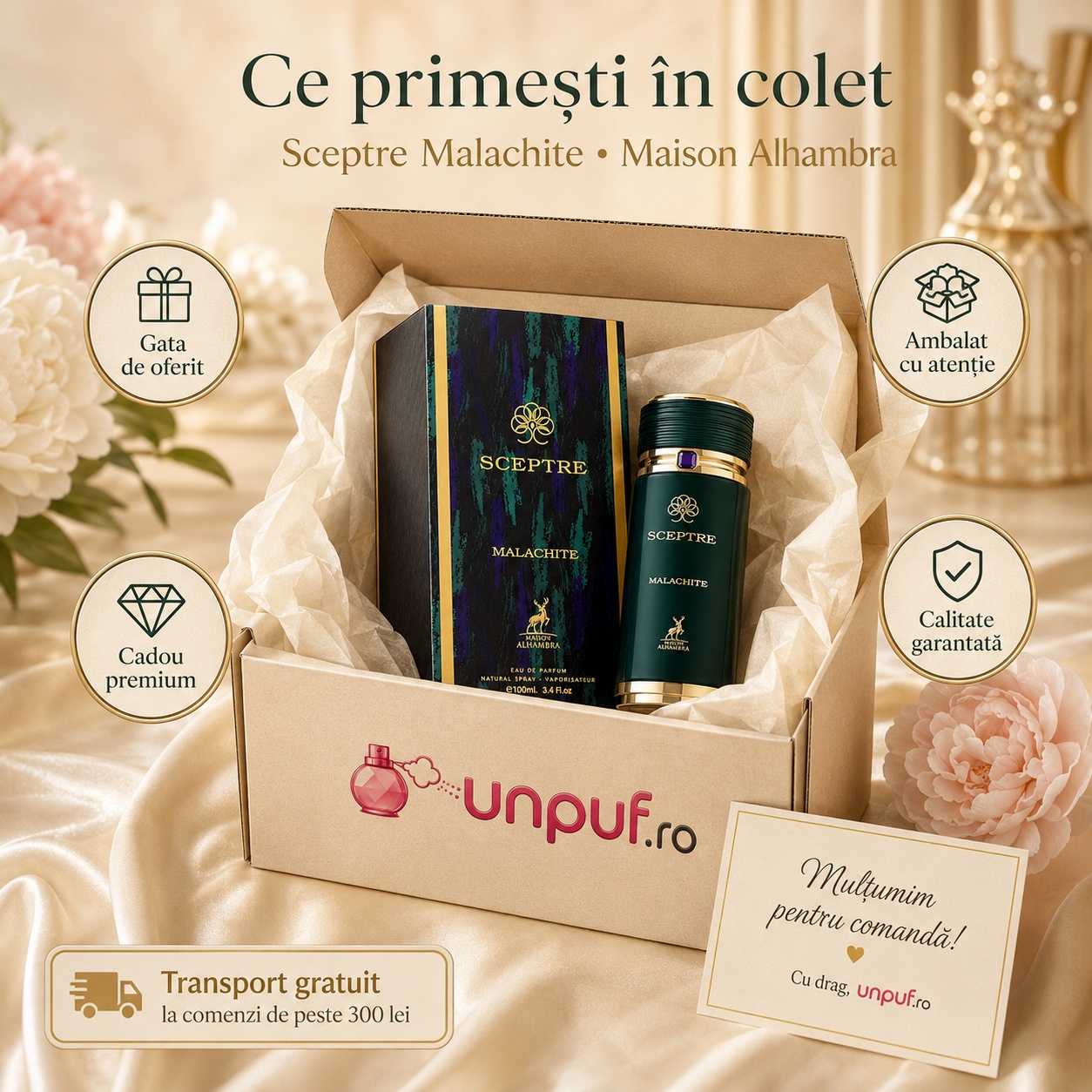 Colet parfum Alhambra Sceptre Malachite ambalat cu atenție, gata de oferit cadou premium
