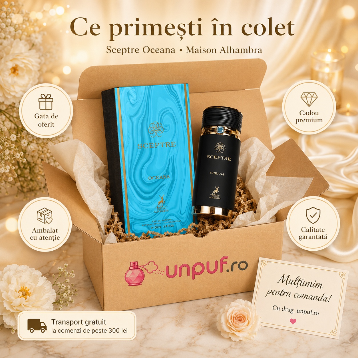 Colet parfum Alhambra Sceptre Oceana ambalat cu atenție, gata de oferit cadou premium