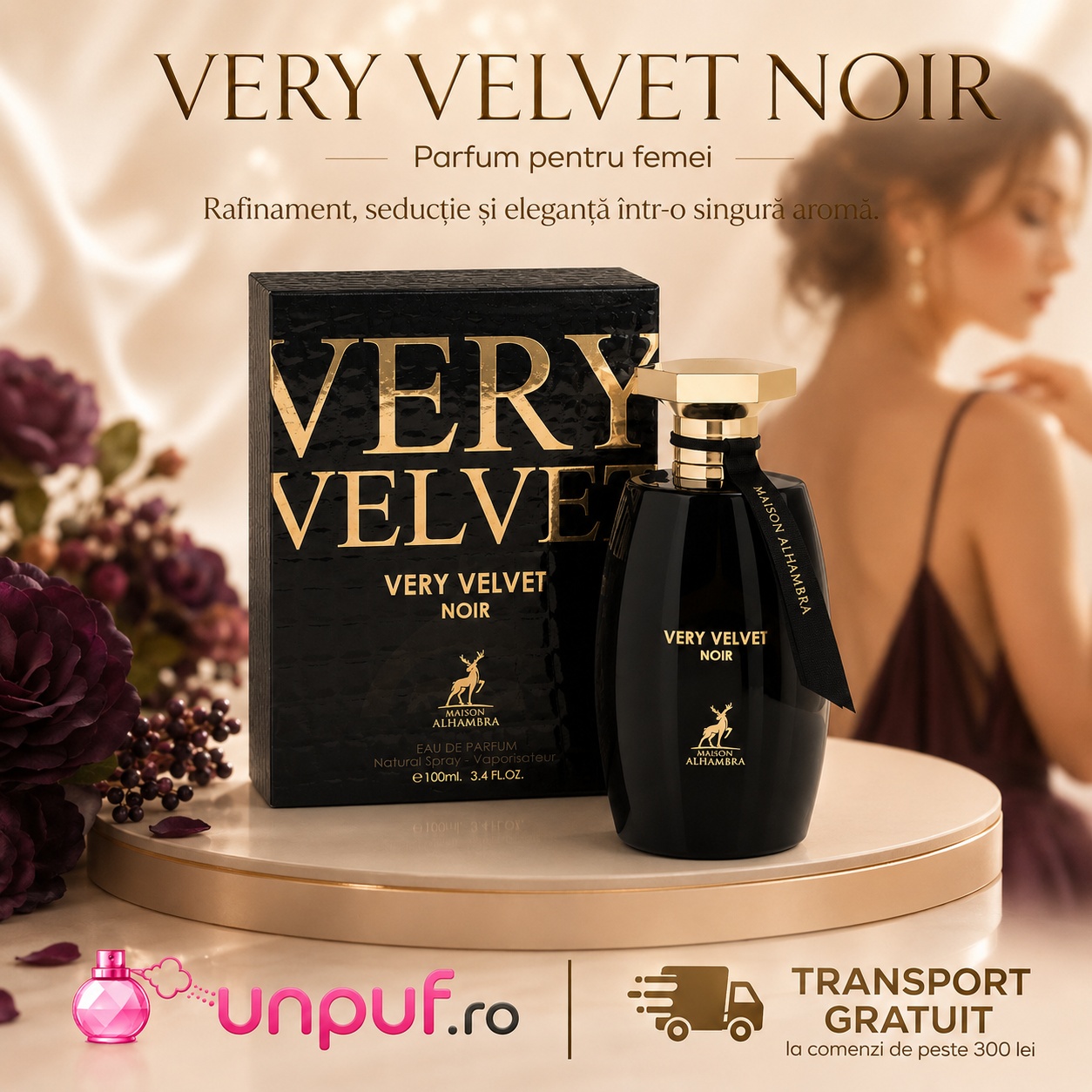 Alhambra Very Velvet Noir Maison Alhambra design negru auriu elegant și prezentare premium pentru femei