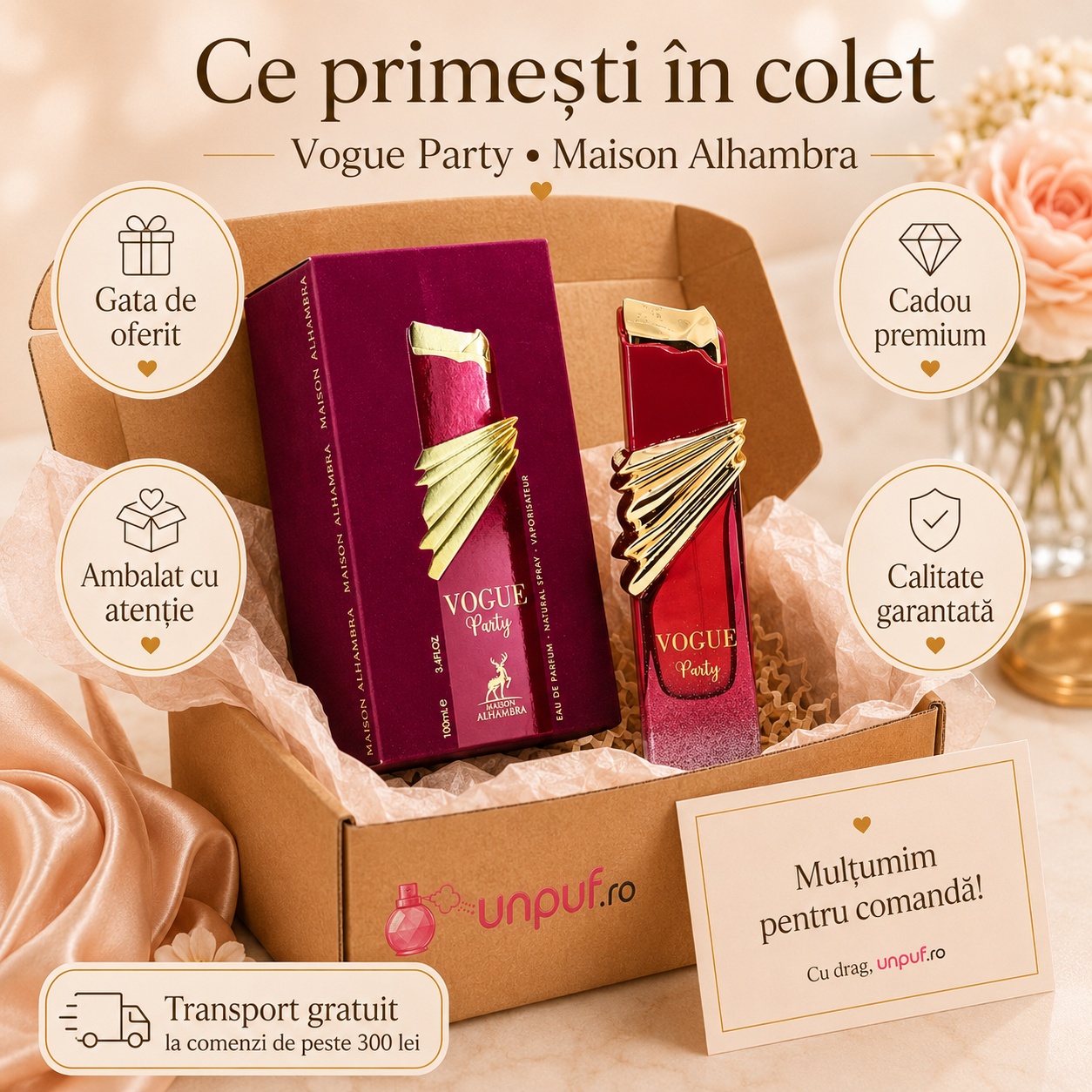 Colet parfum Alhambra Vogue Party ambalat cu atenție, gata de oferit cadou premium