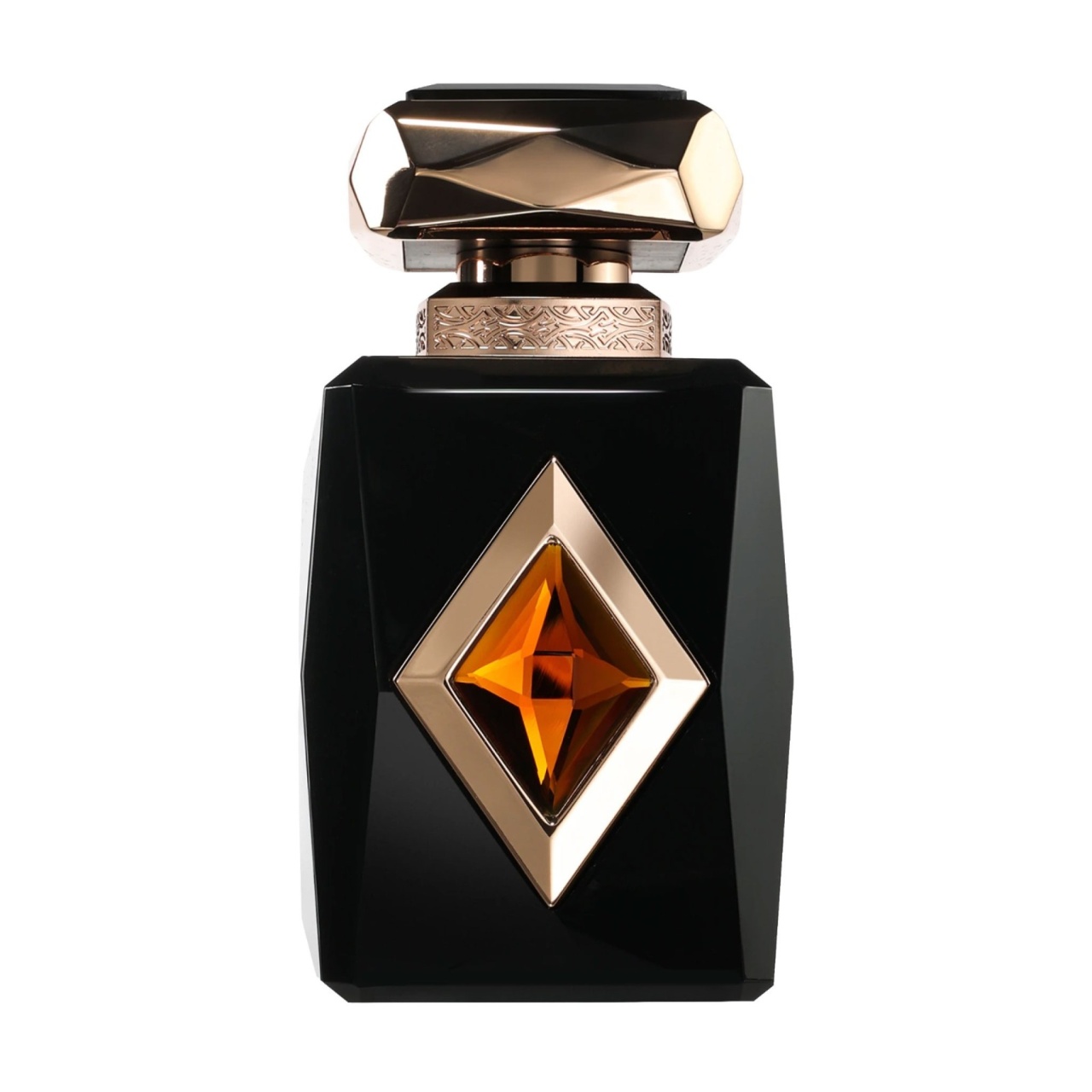 Produs real Amber Saffron French Avenue 80 ml cu sticlă neagră și capac geometric auriu